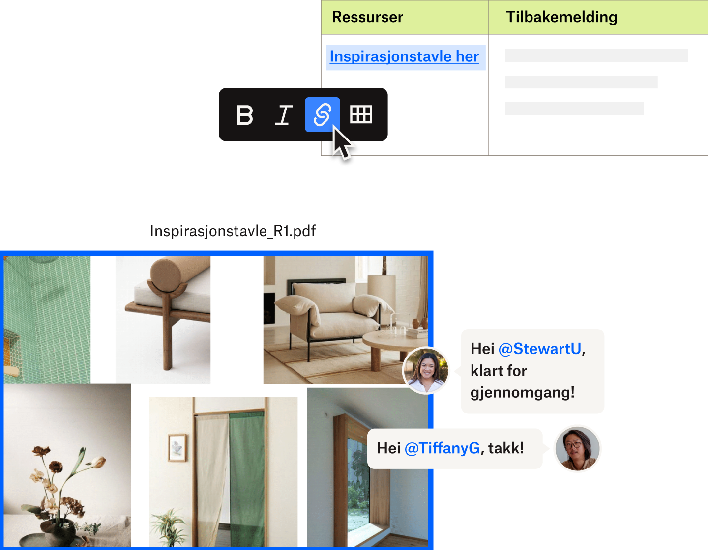 To brukere kommenterer moodboard for et redesign av hjemmet i Dropbox Paper