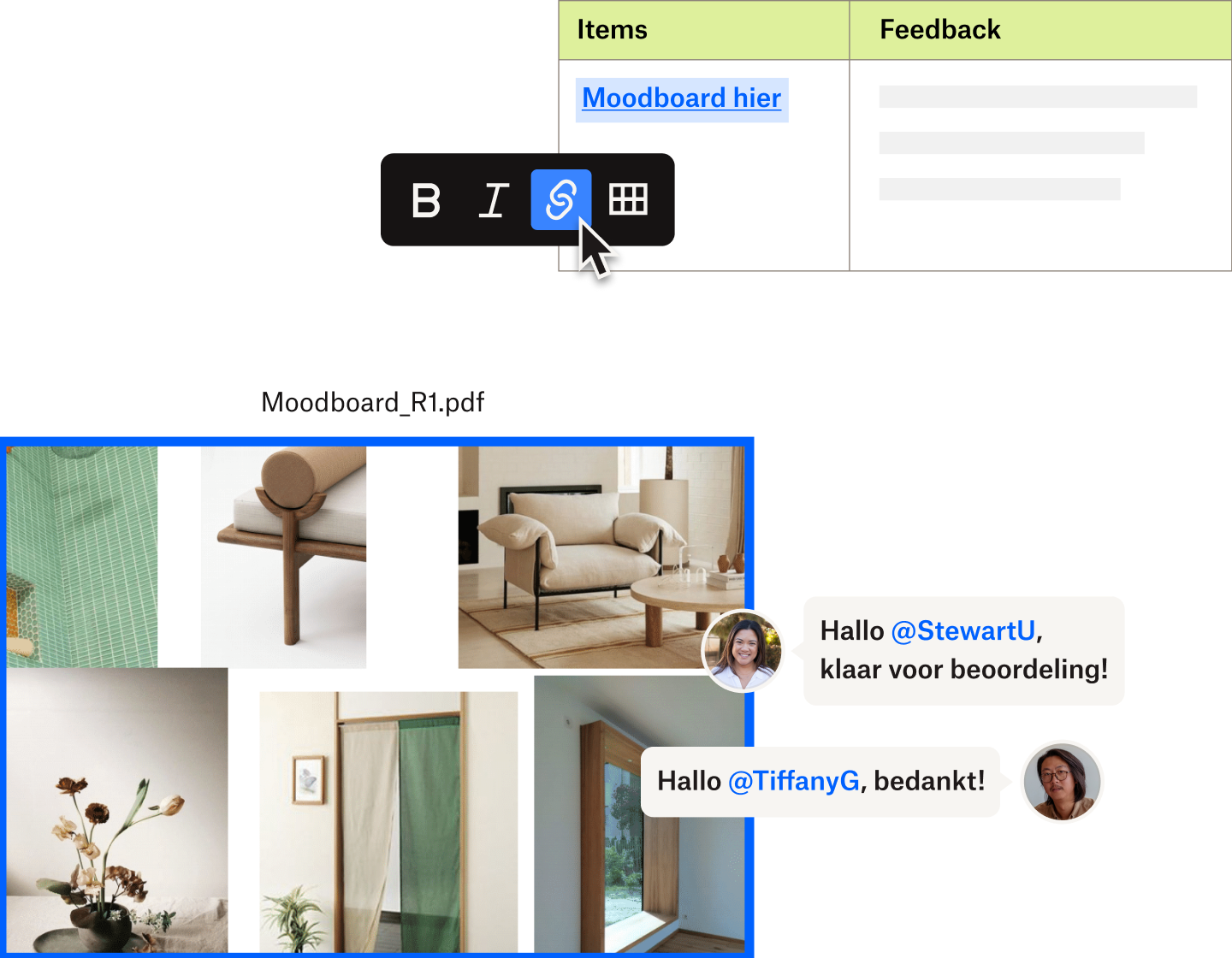 Twee gebruikers laten opmerkingen achter op een moodboard voor een huisverbouwing in Dropbox Paper