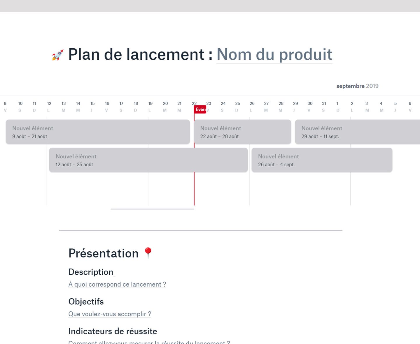 Un document Dropbox Paper intitulé « Plan de lancement : nom du produit » affiche une chronologie de projet avec des tâches et une section de présentation.