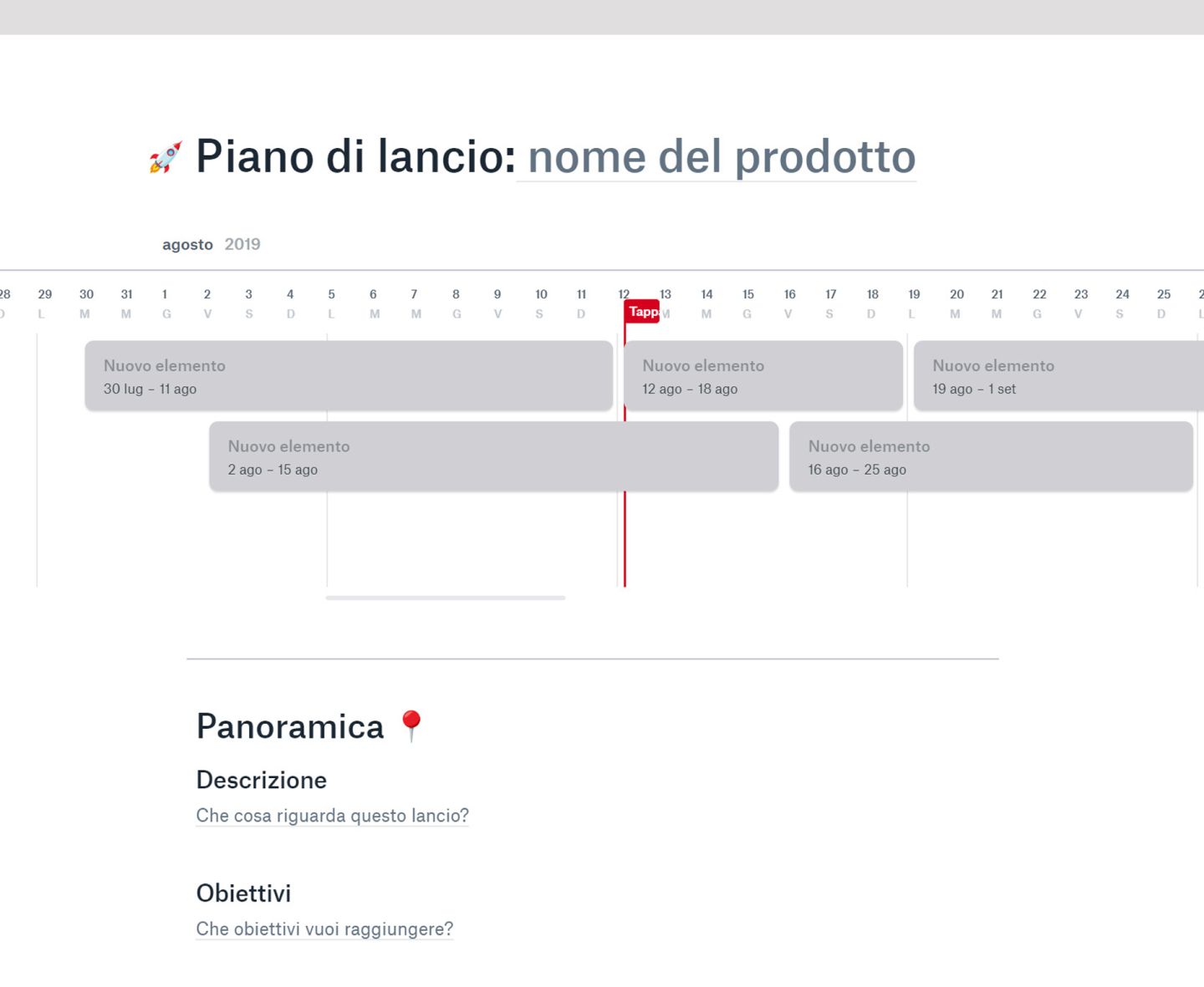 Un documento Dropbox Paper intitolato “Piano di lancio: nome del prodotto” mostra una cronologia del progetto con attività e una sezione di riepilogo.