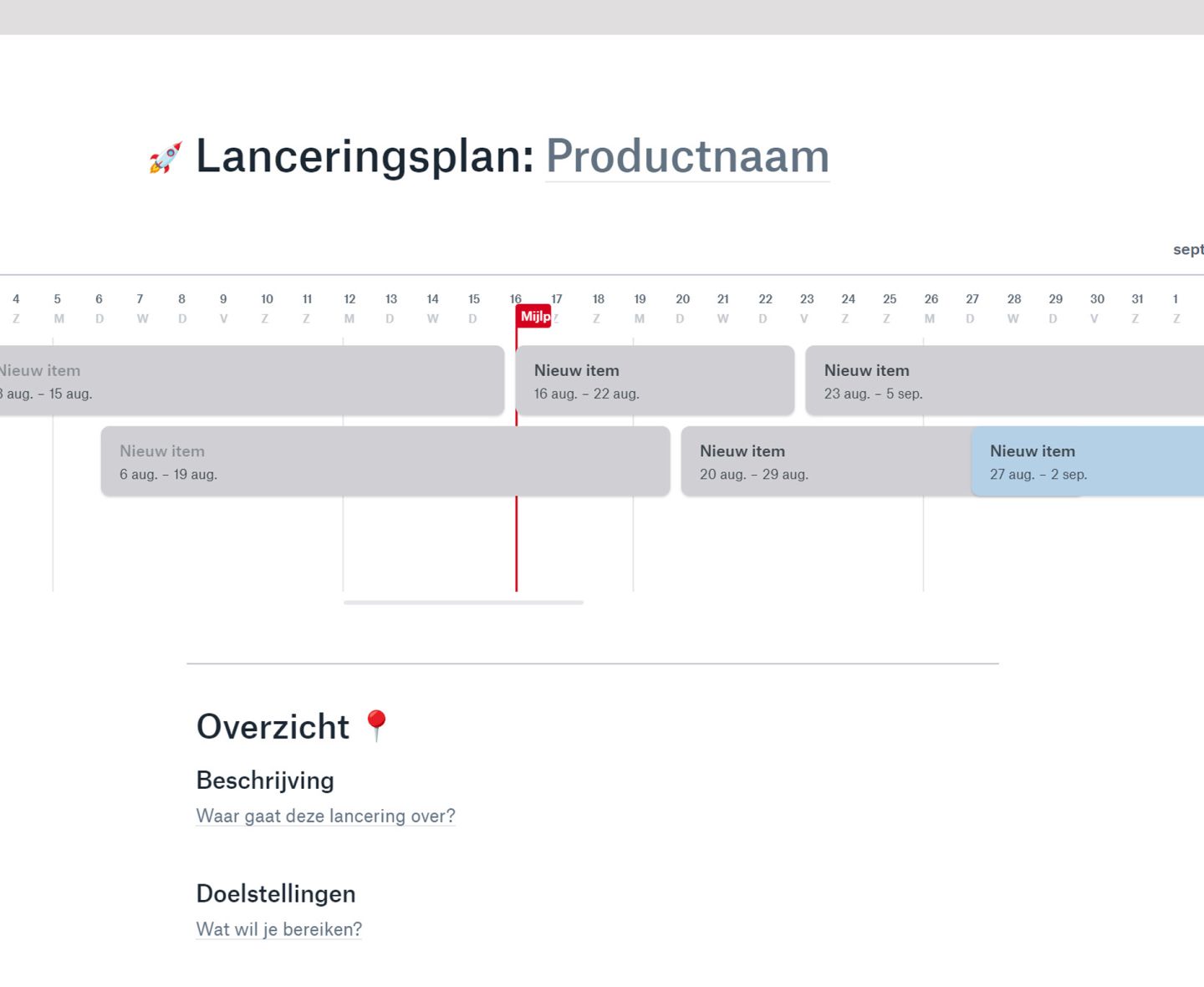 In een Dropbox Paper-document met de titel 'Introductieplan: Productnaam' wordt een projecttijdlijn met taken en een overzichtsgedeelte weergegeven.