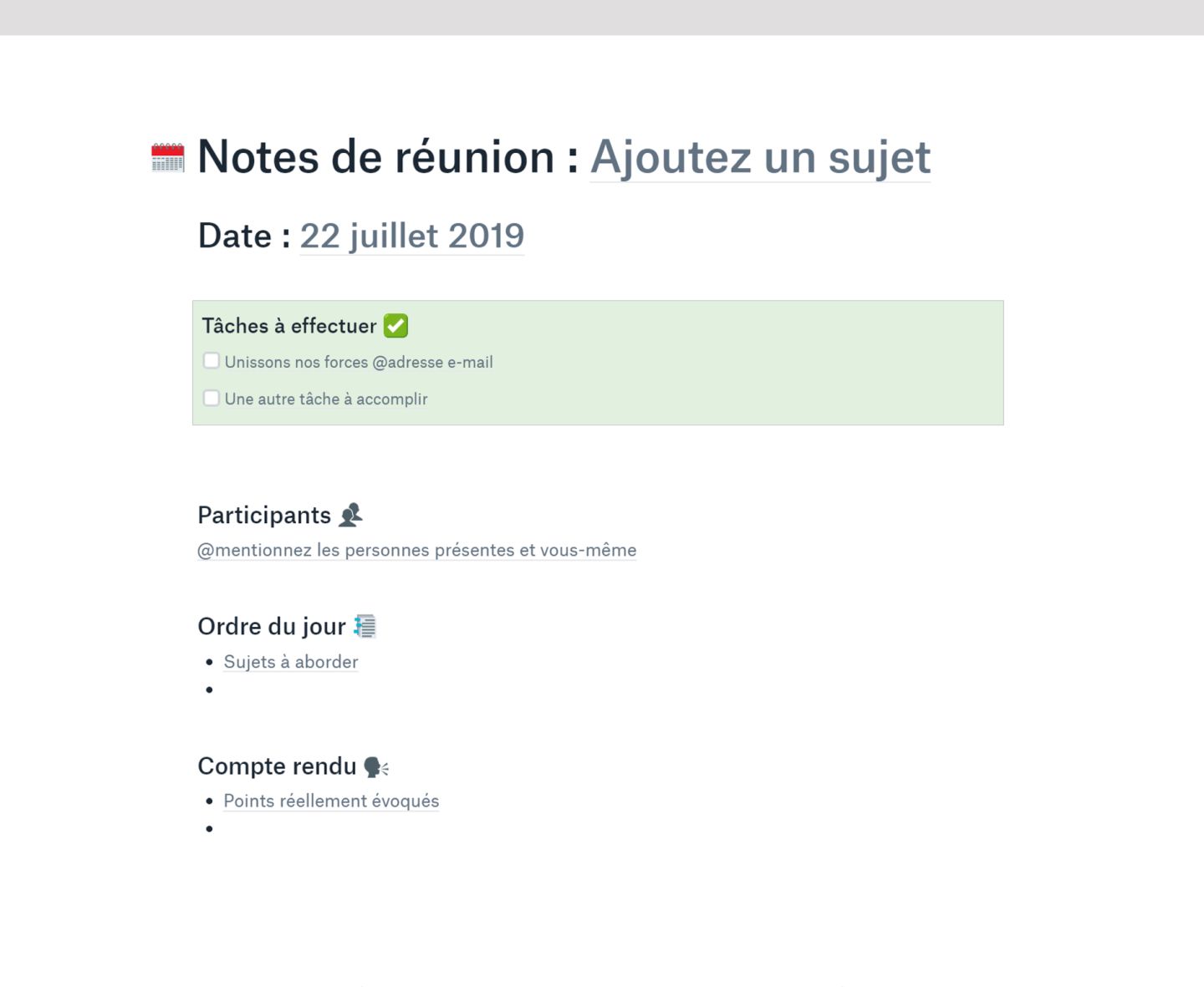 Représentation visuelle d’un modèle de notes de réunion dans Dropbox Paper.