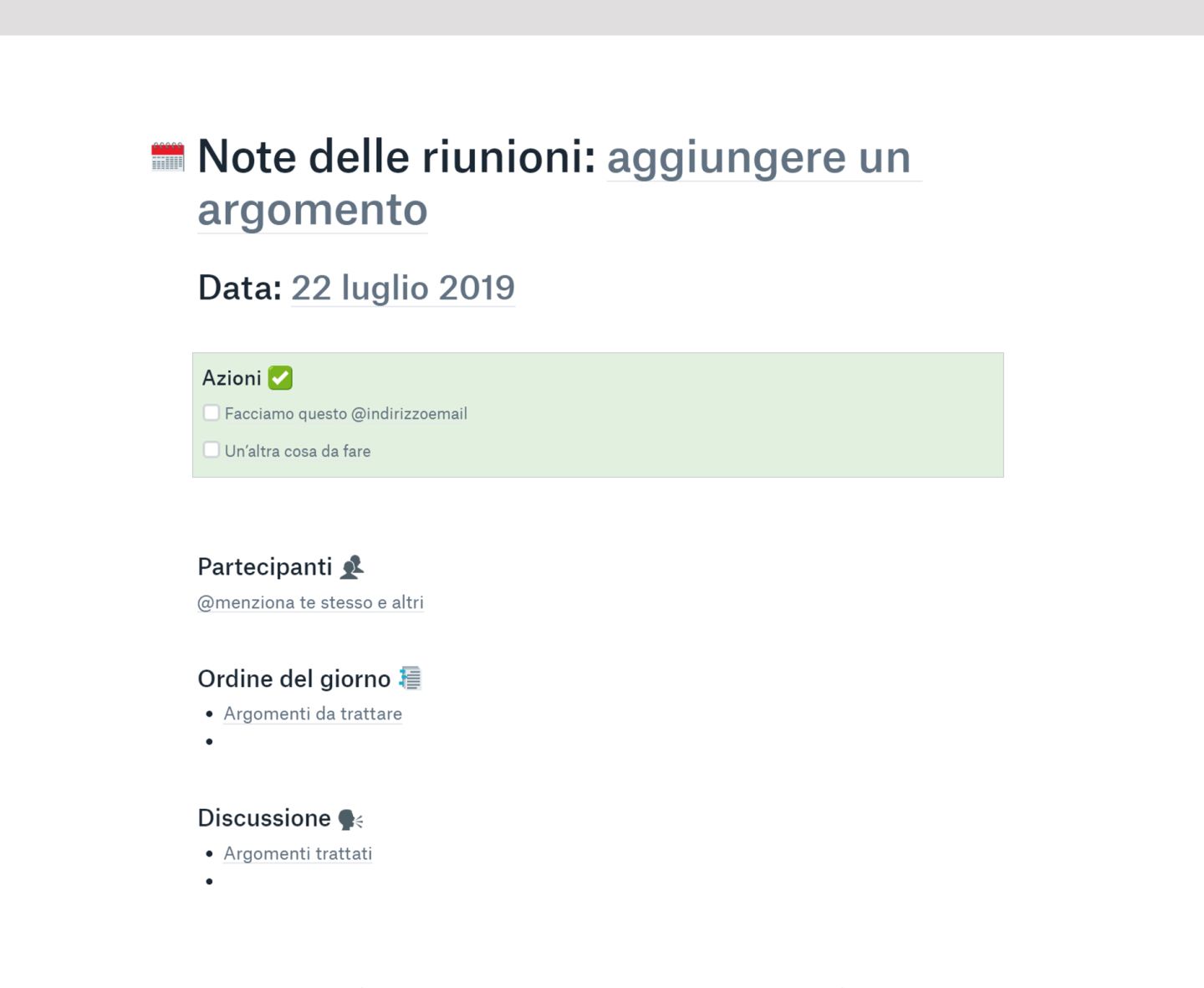 Rappresentazione visiva di un modello per gli appunti di una riunione in Dropbox Paper.