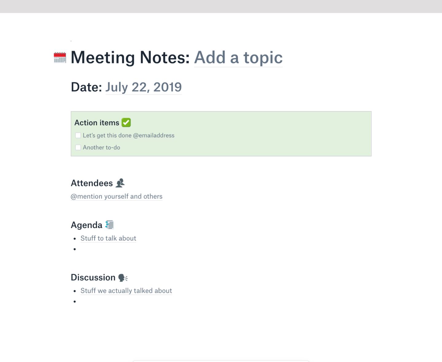 Visual representation of a meeting notes template in Dropbox Paper.