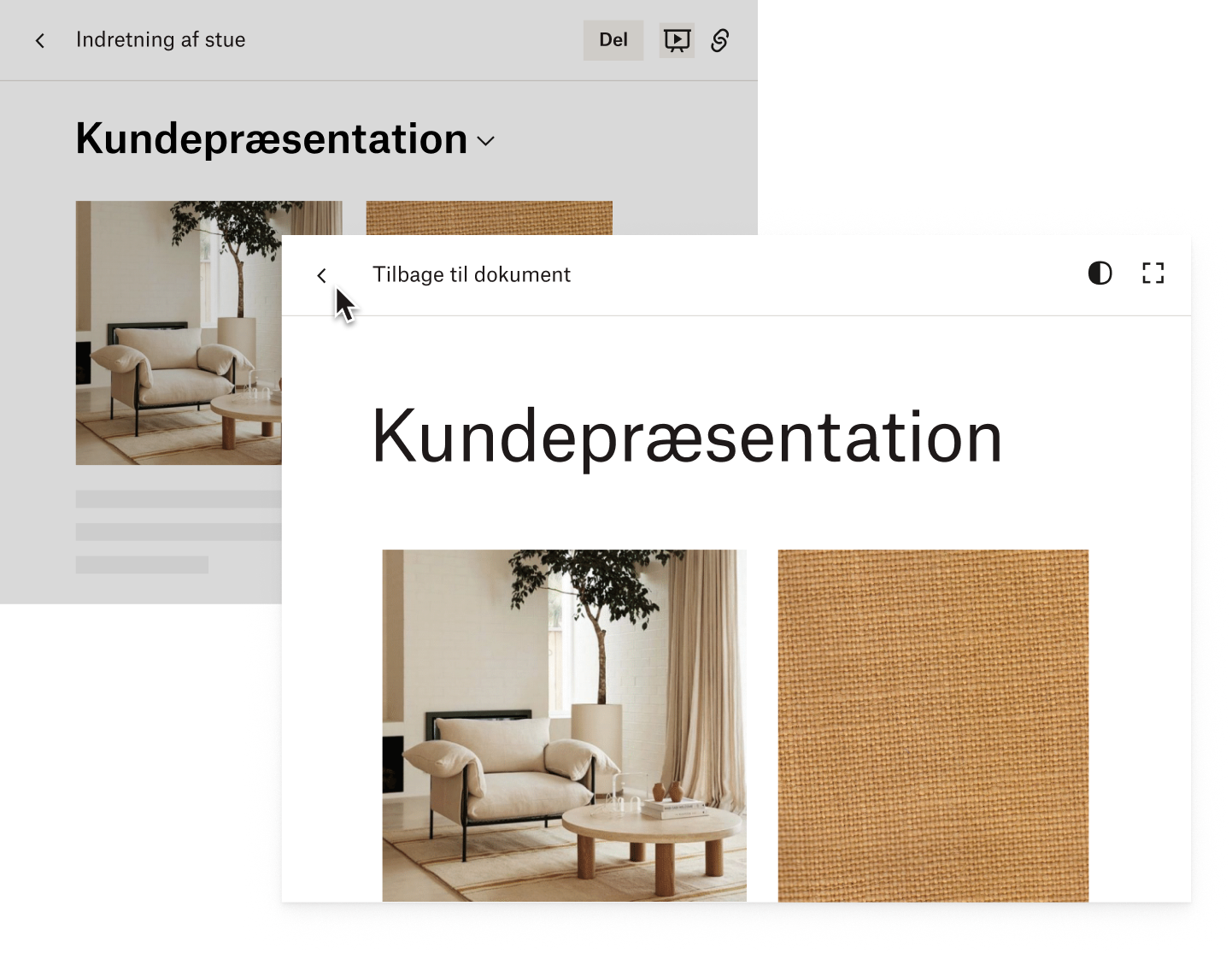 En bruger, der fremfører sin præsentation af en ny indretning af en stue i Dropbox Paper