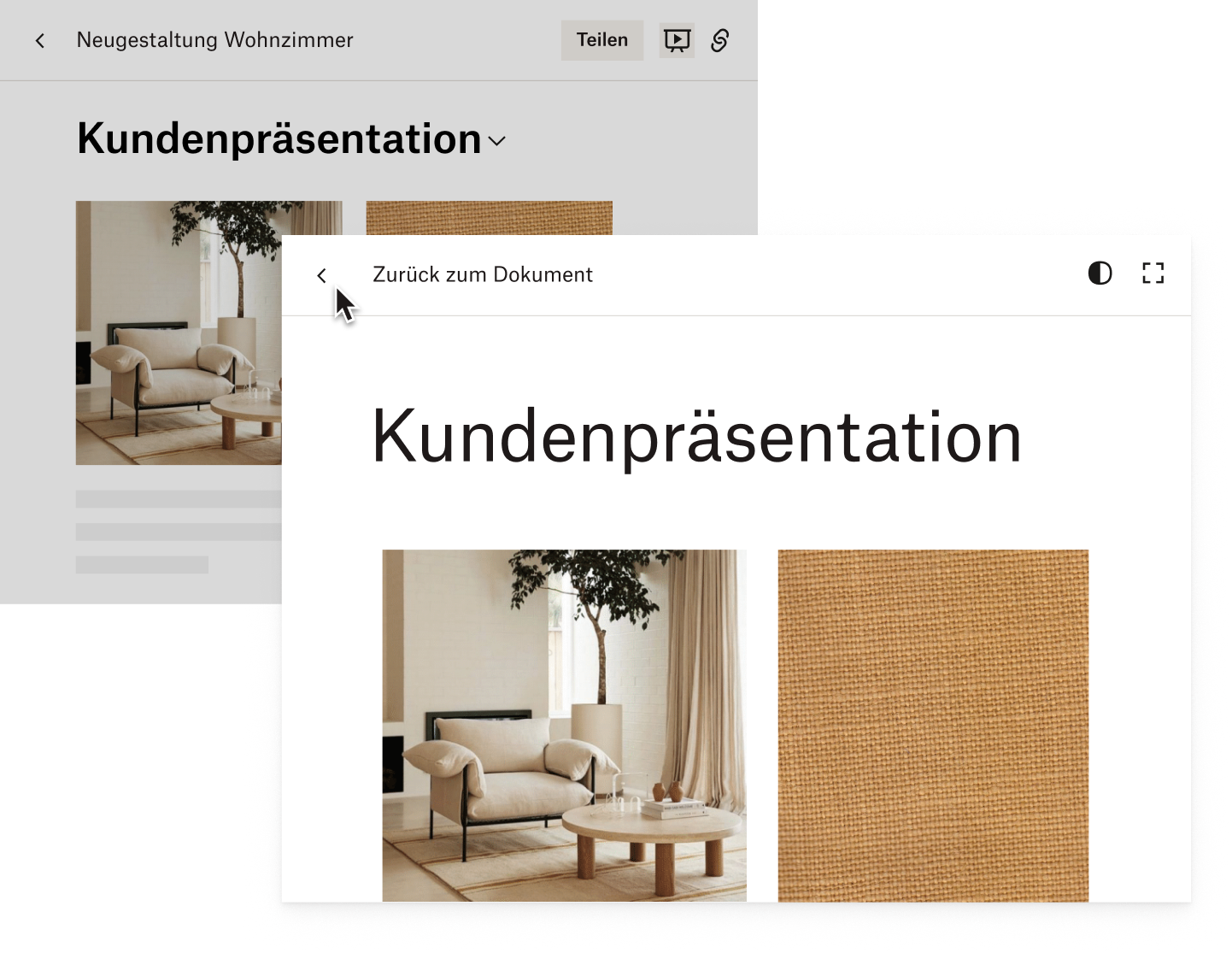 Ein Nutzer zeigt seine Präsentation zur Wohnzimmerumgestaltung in Dropbox Paper