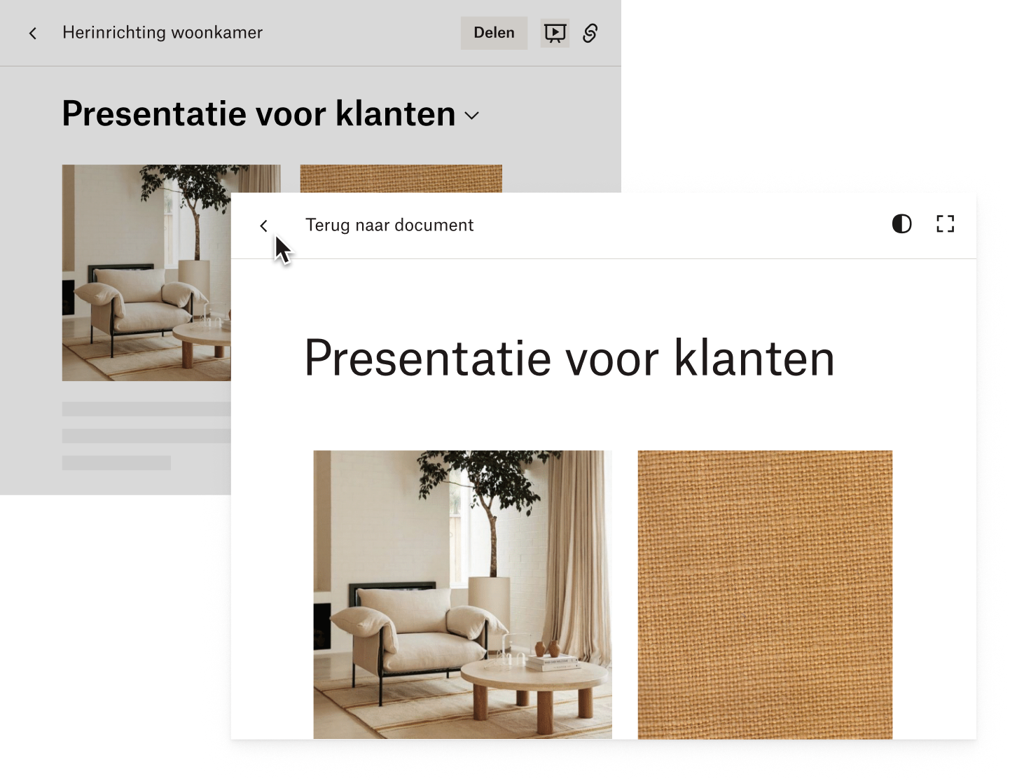 Een gebruiker presenteert een ontwerp voor de verbouwing van een woonkamer in Dropbox Paper