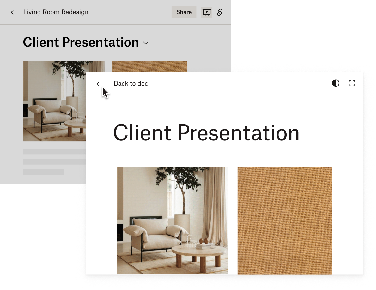 A user presenting their living room redesign presentation in Dropbox Paper