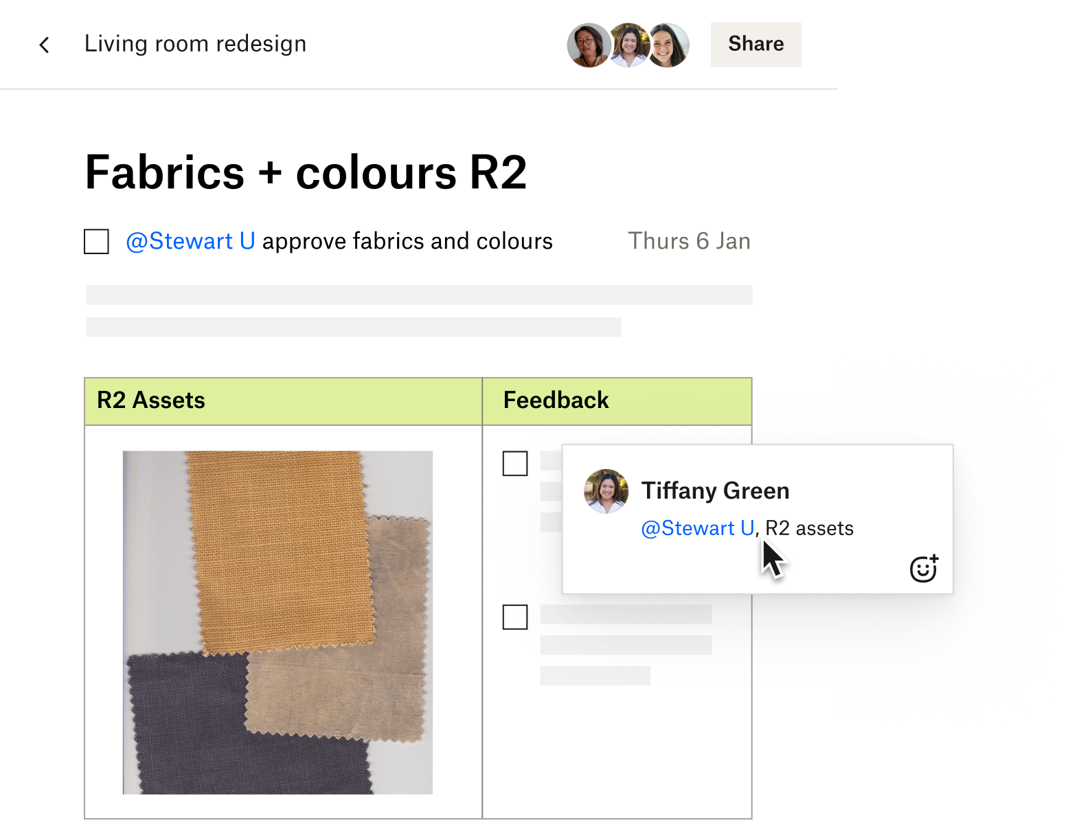 A user leaves feedback for fabric images in a table