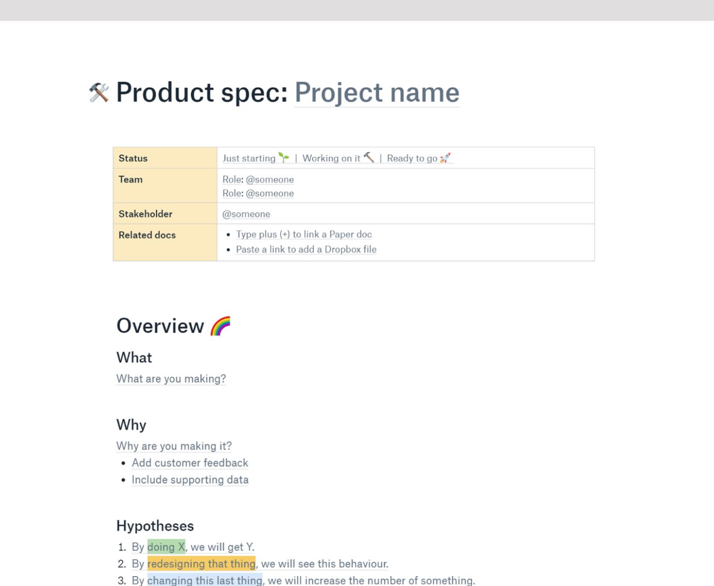 Product spec template