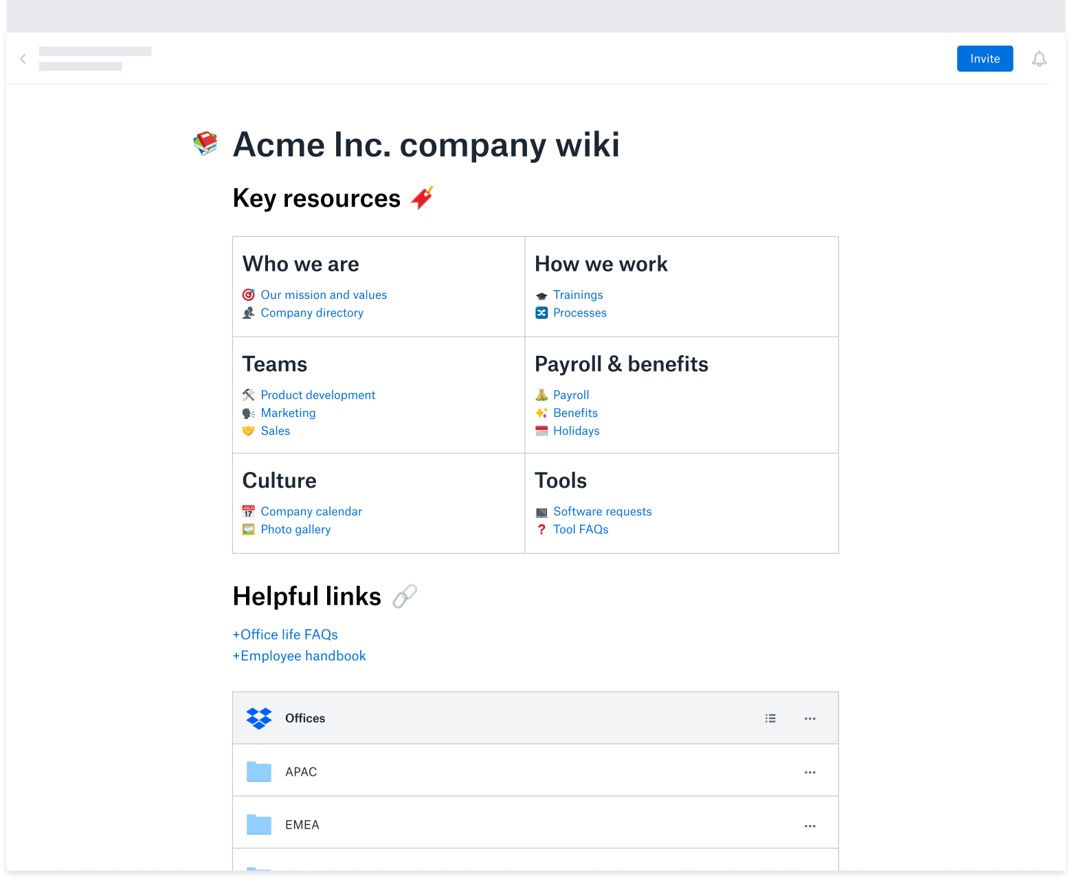 A wiki template created in Dropbox Paper