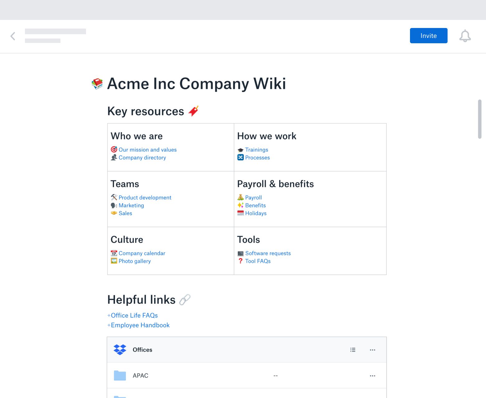 A wiki template created in Dropbox Paper