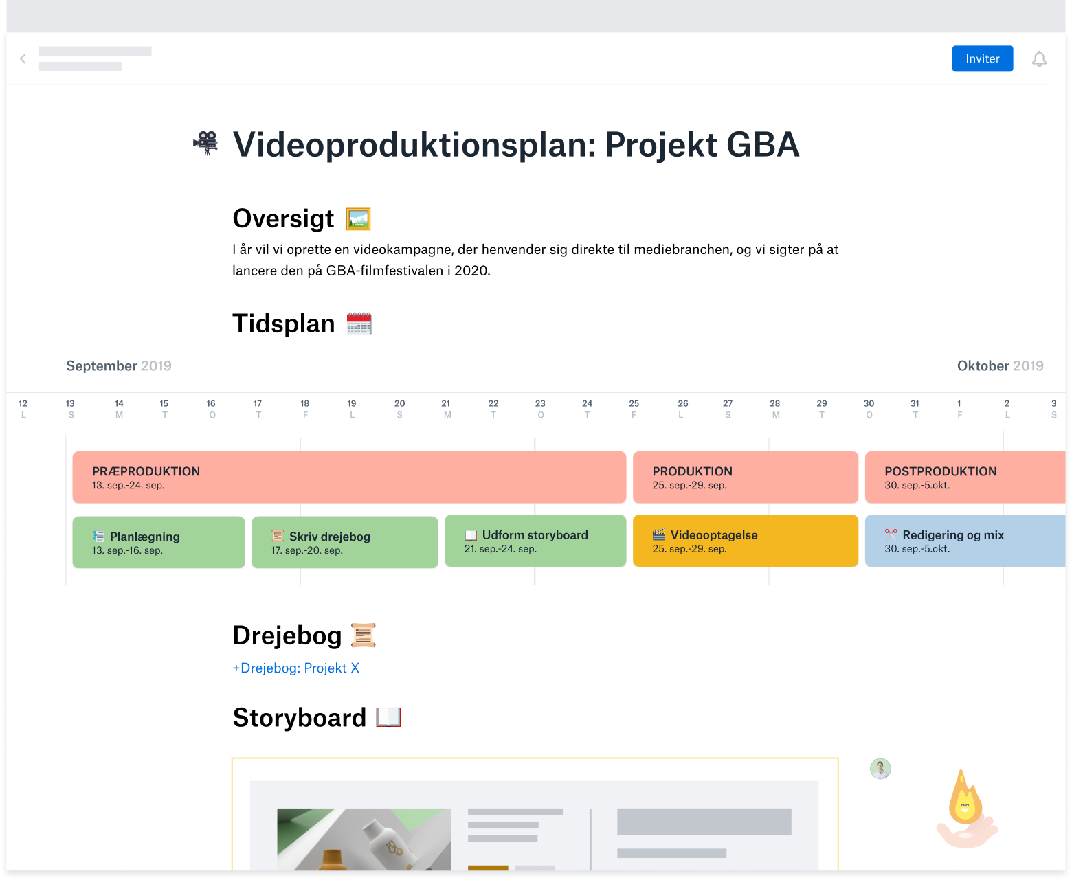 En skabelon til planlægning af videoproduktion, der er oprettet i Dropbox Paper