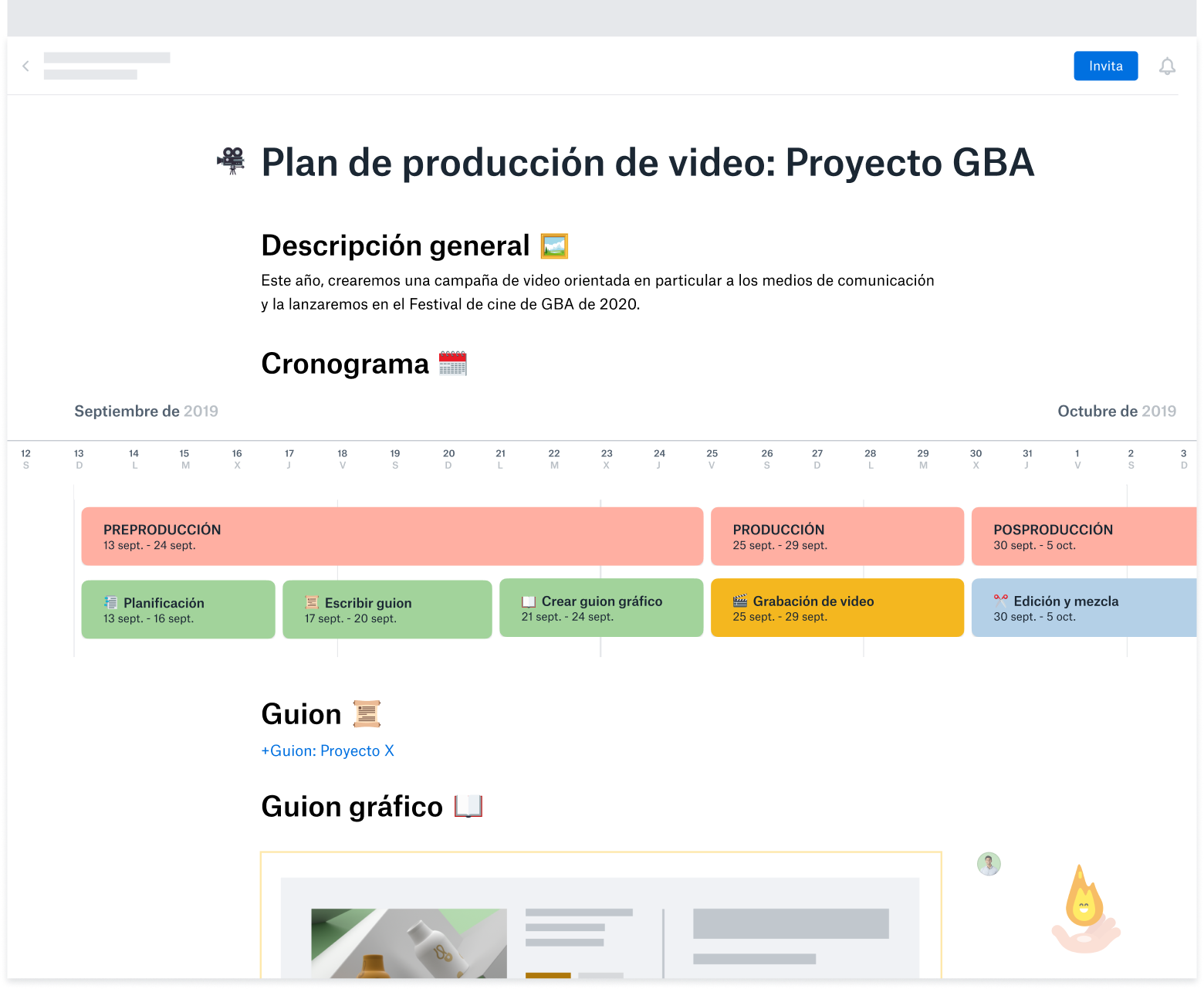 Una plantilla de plan de producción de videos creada en Dropbox Paper