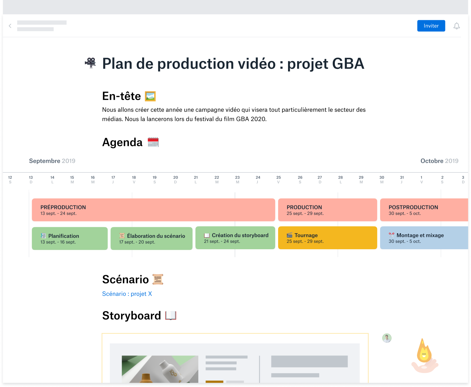 Modèle de plan de production vidéo créé dans Dropbox Paper