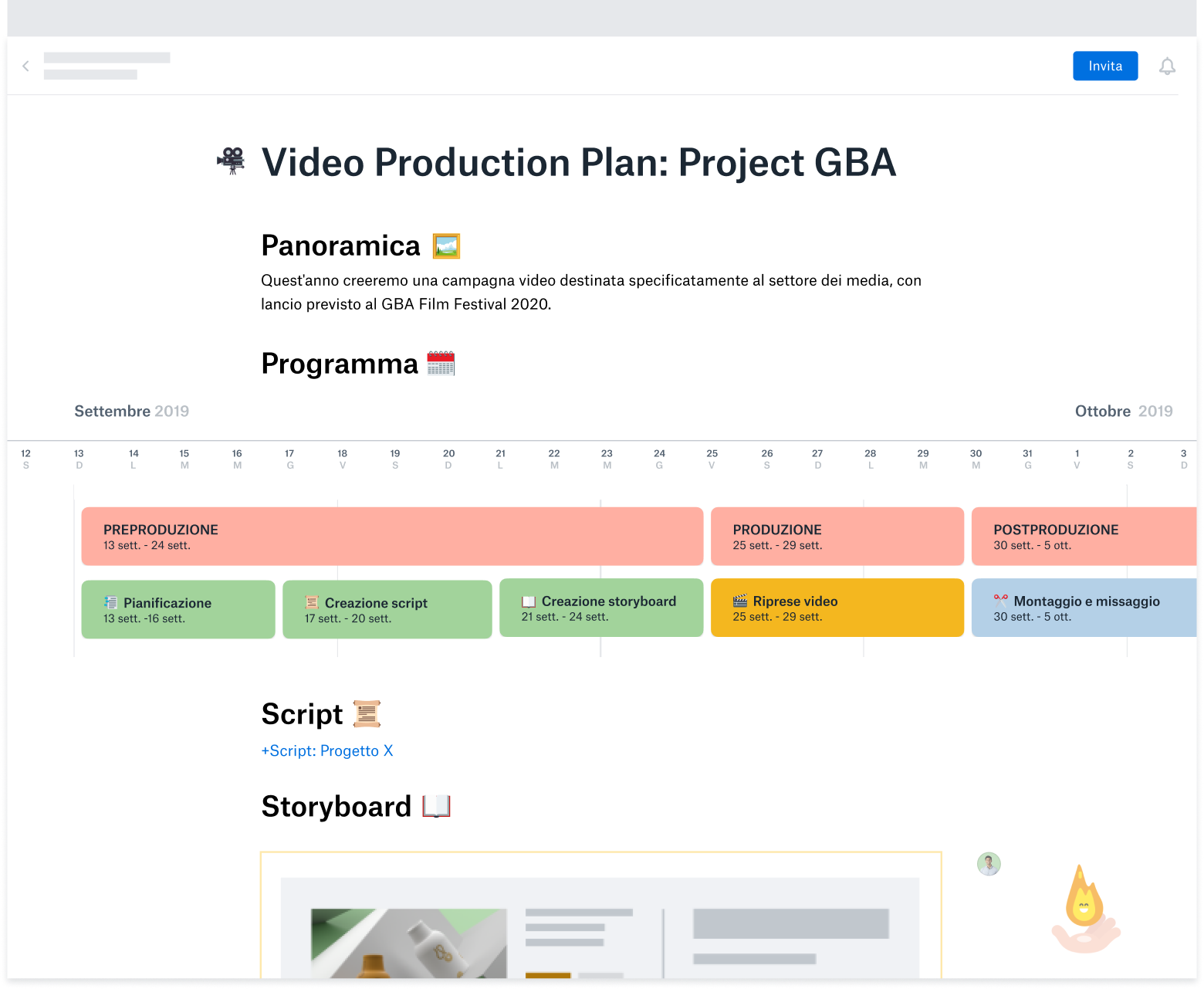 Un modello di piano di produzione video creato in Dropbox Paper