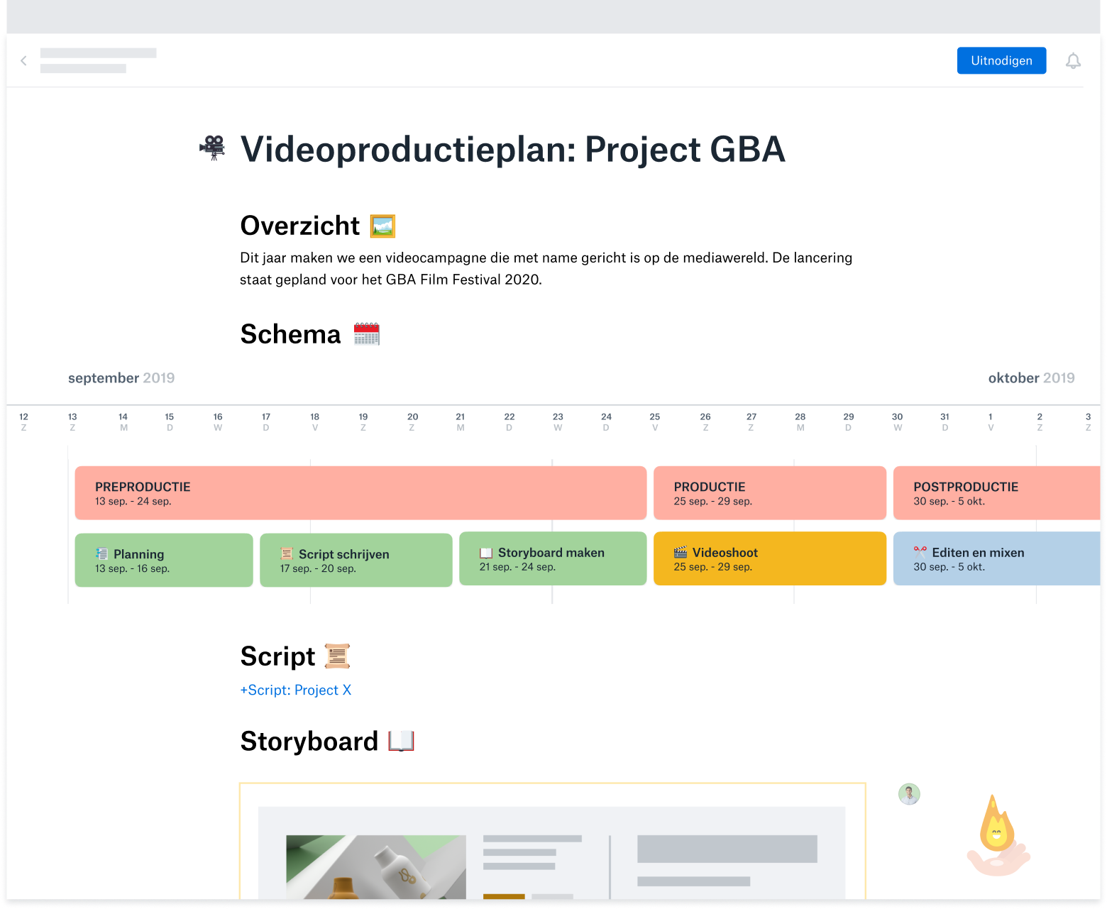 Een sjabloon voor videoproductieplan dat is gemaakt in Dropbox Paper