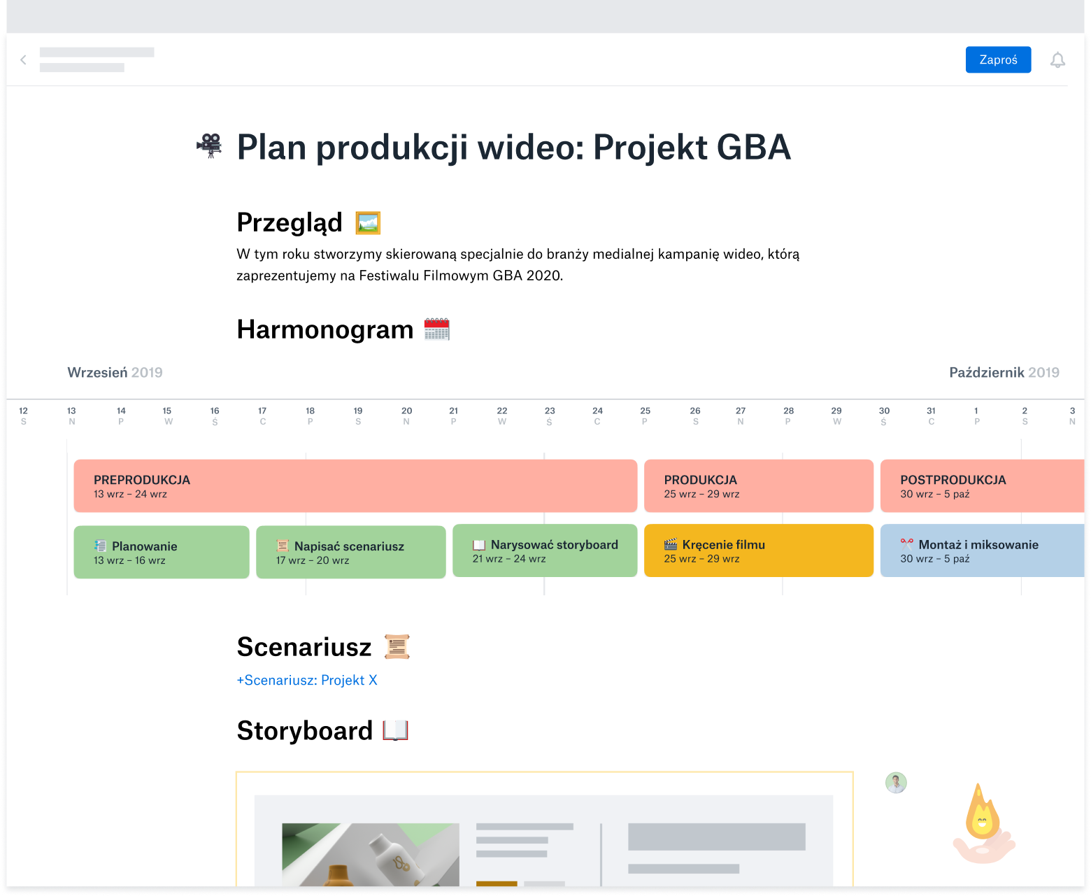 Szablon planu produkcji wideo stworzony w Dropbox Paper