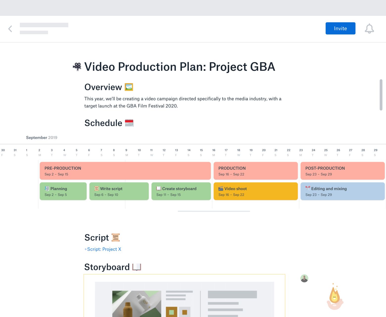 A video production plan template created in Dropbox Paper