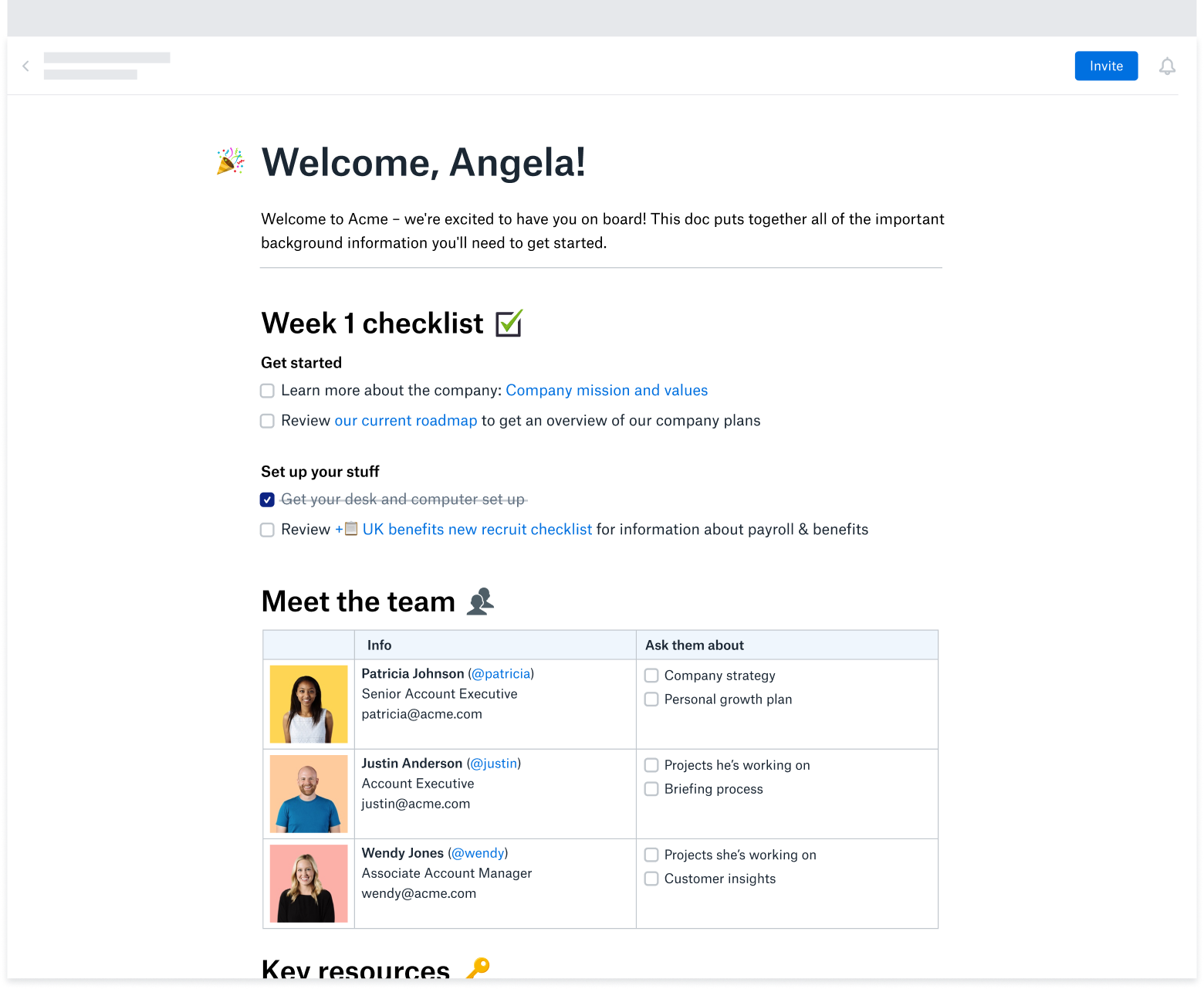 A new hire onboarding template created in Dropbox Paper