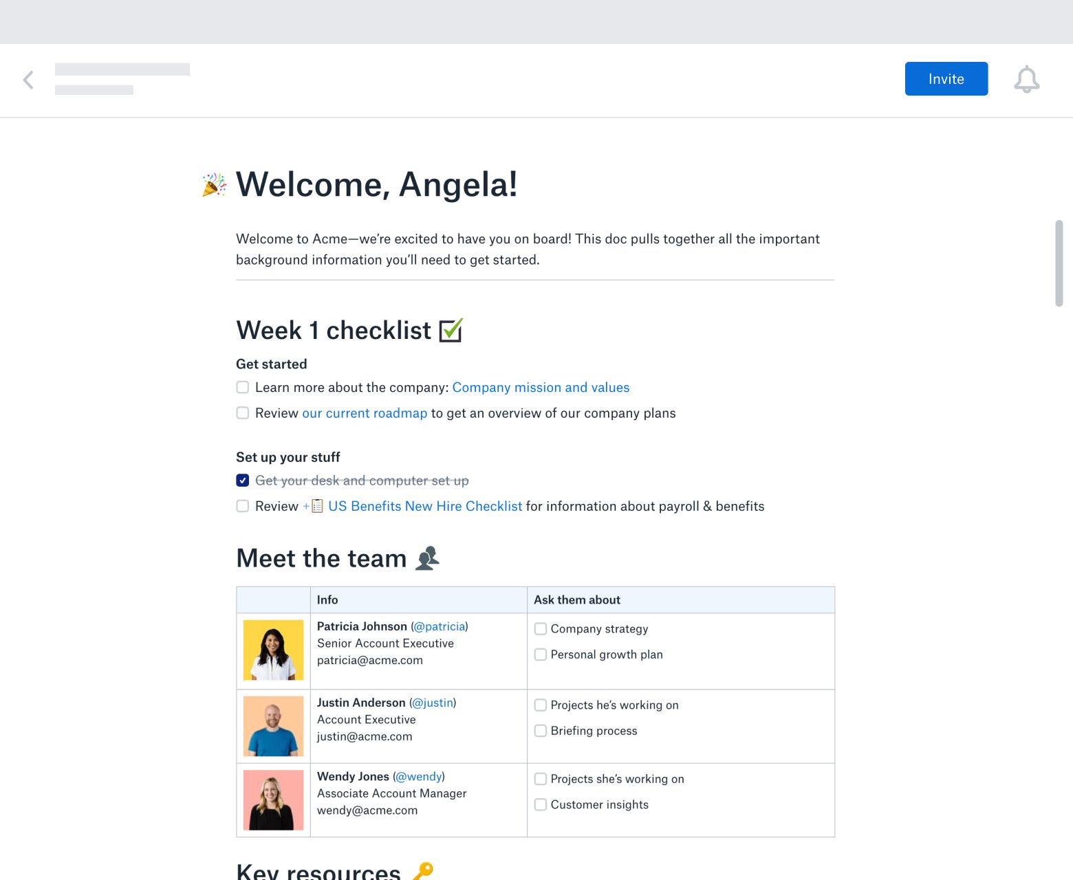 A new hire onboarding template created in Dropbox Paper