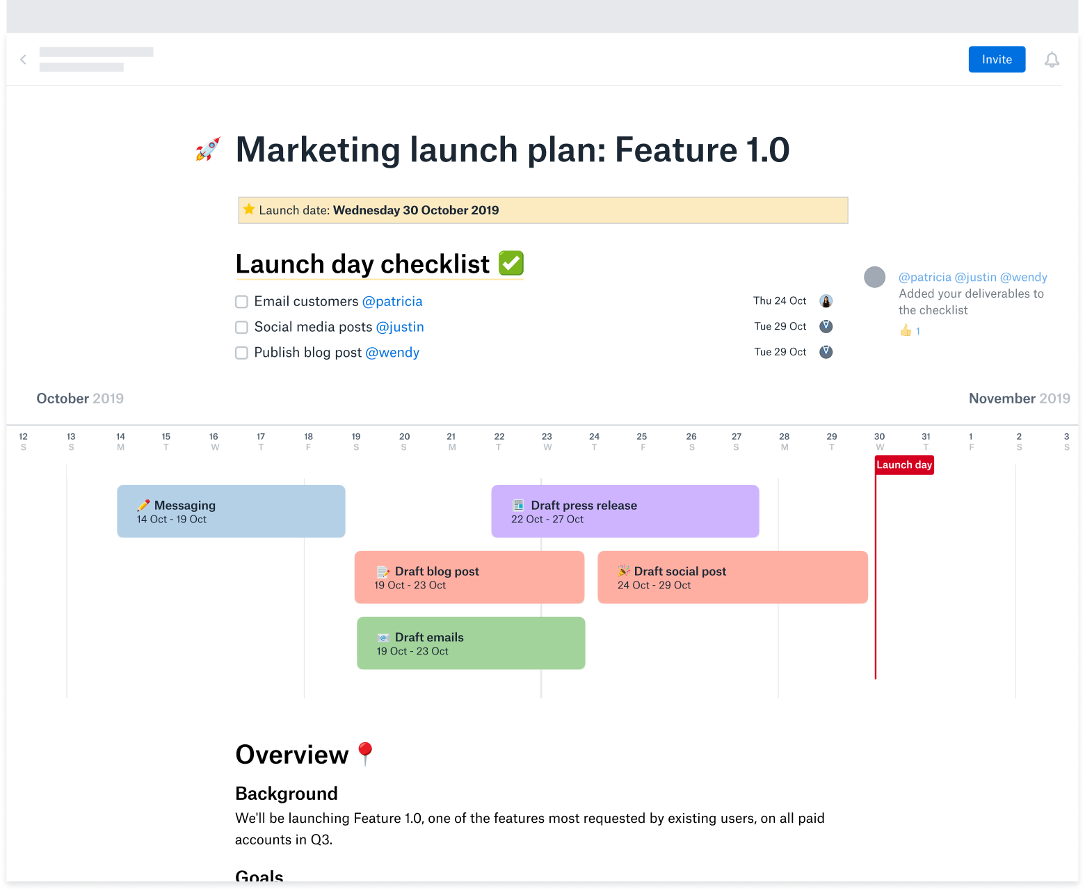 A marketing launch plan template created in Dropbox Paper