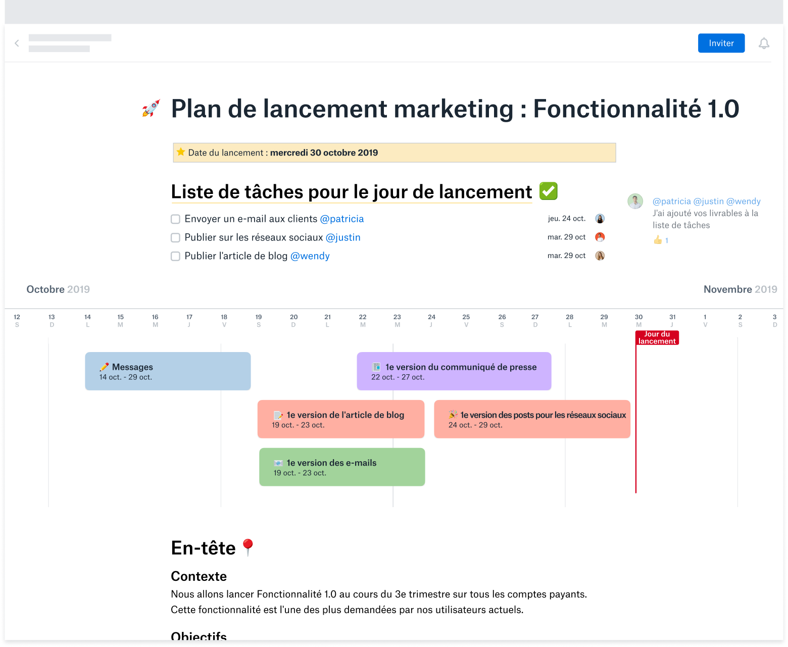 Modèle de plan de lancement marketing créé dans Dropbox Paper