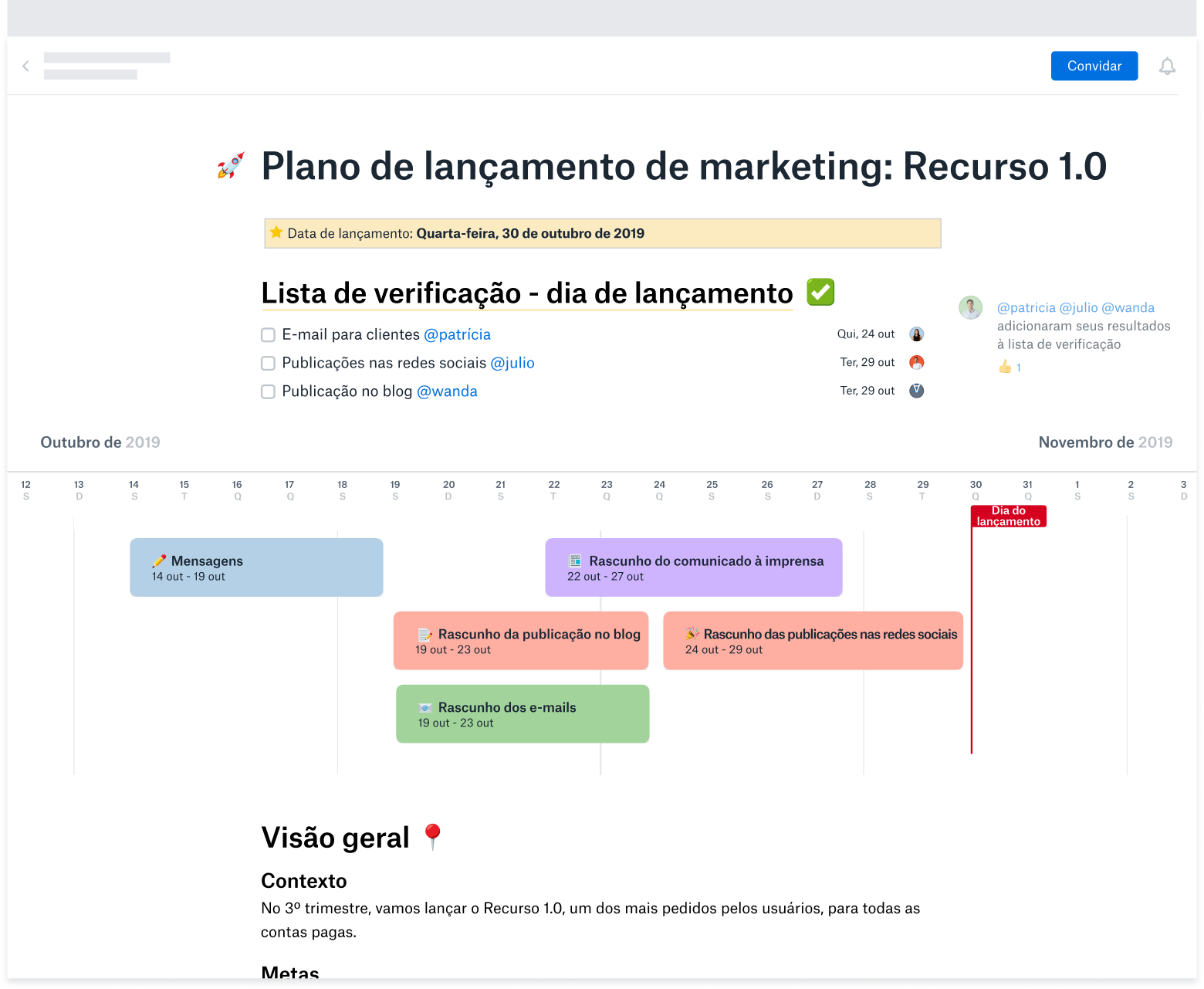 Um modelo de plano de lançamento de marketing criado no Dropbox Paper