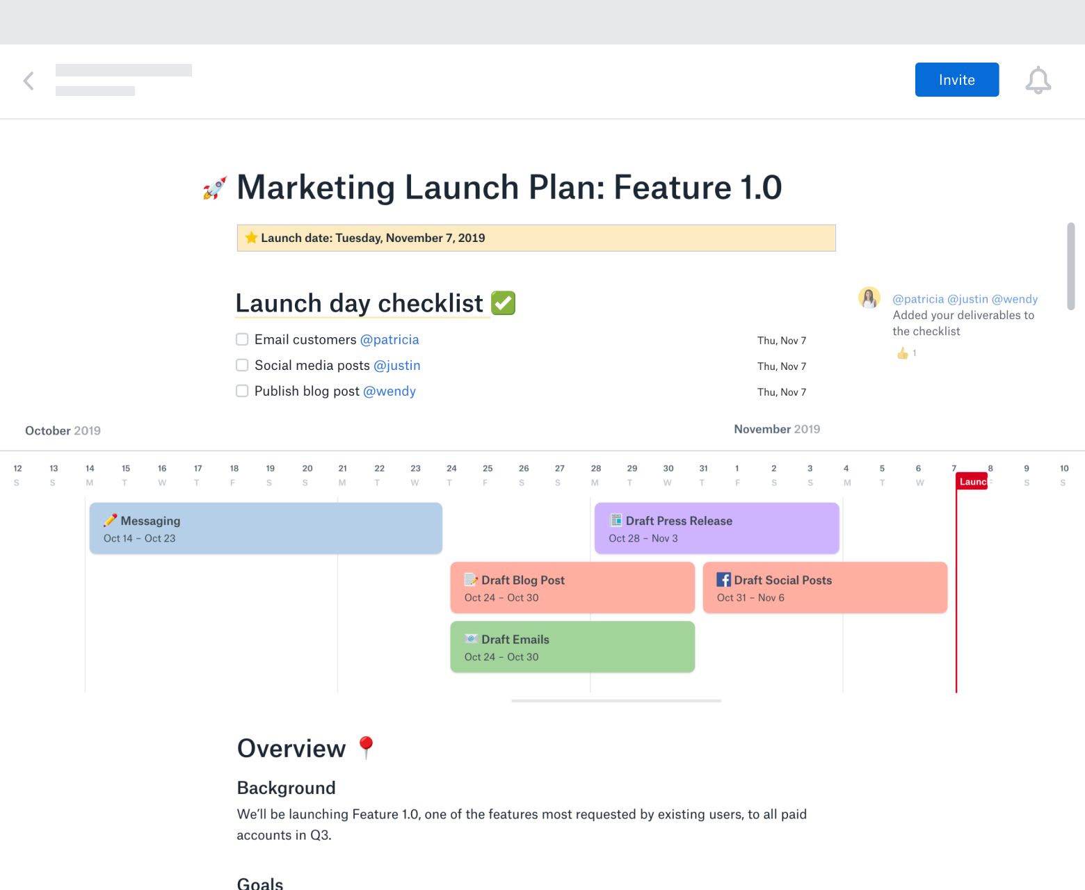 A marketing launch plan template created in Dropbox Paper