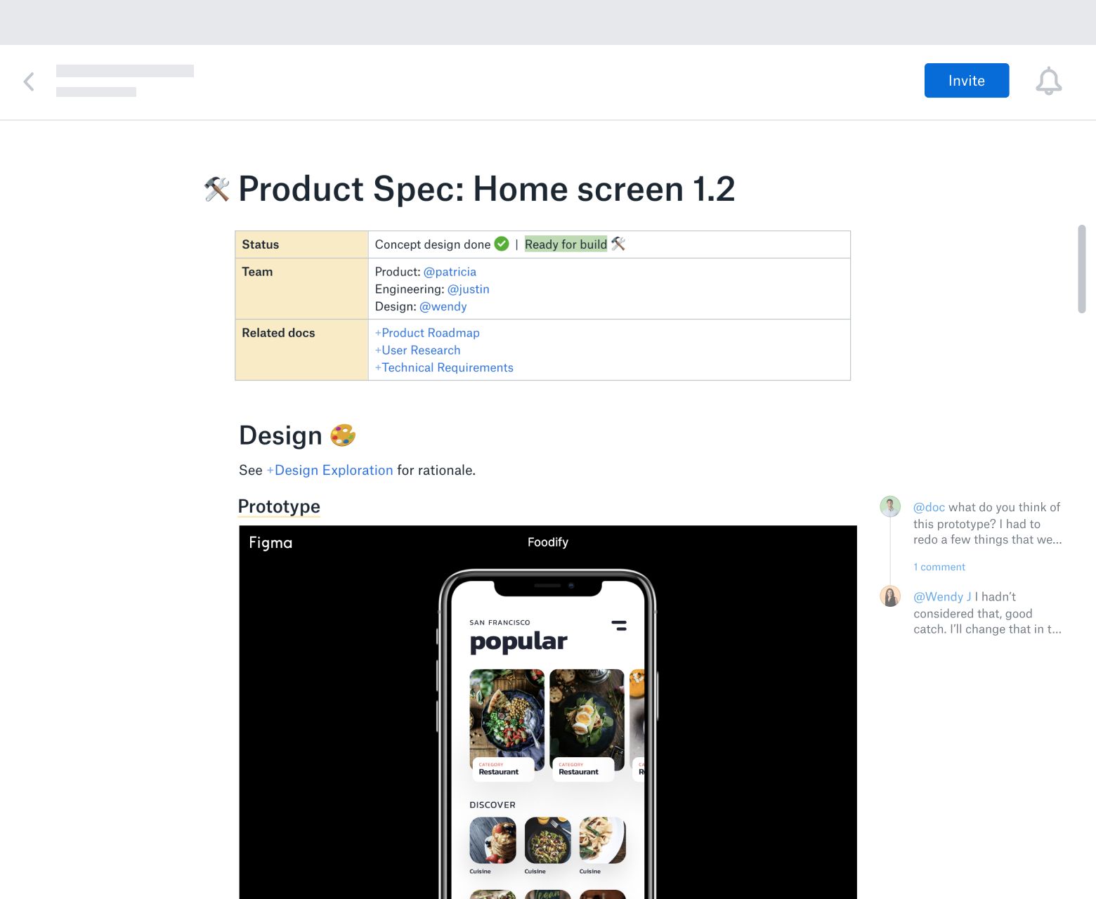 A product spec template created in Dropbox Paper