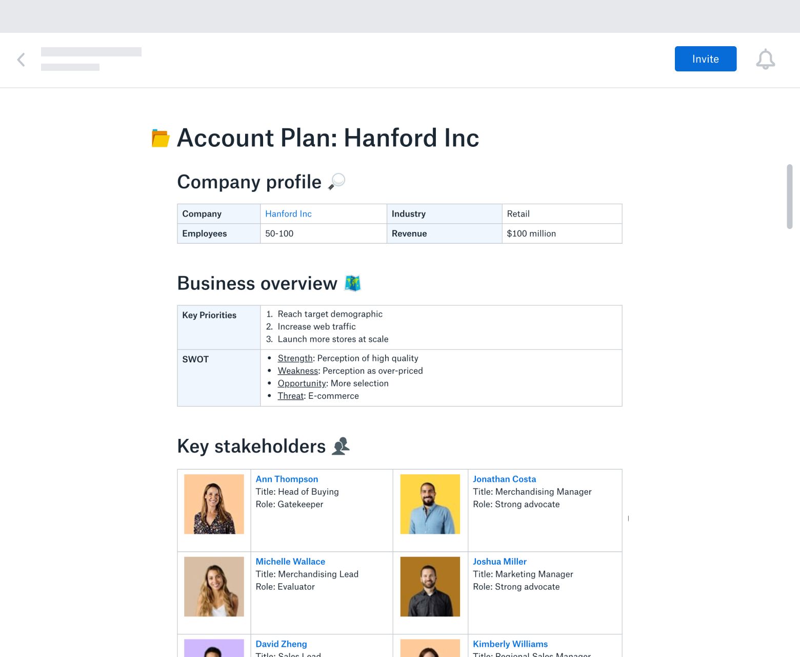 An account plan template created in Dropbox Paper