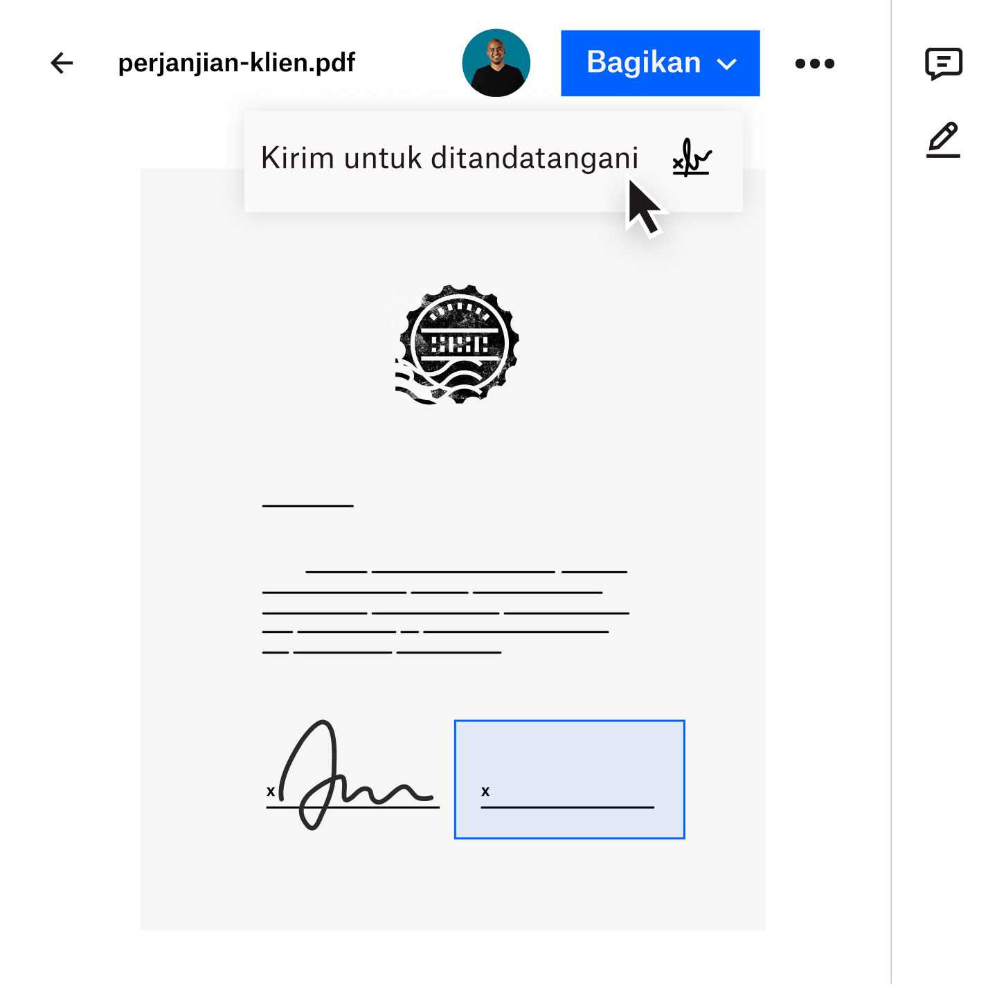 Gambar dokumen yang sedang ditransfer dengan aman kepada klien menggunakan Dropbox Transfer