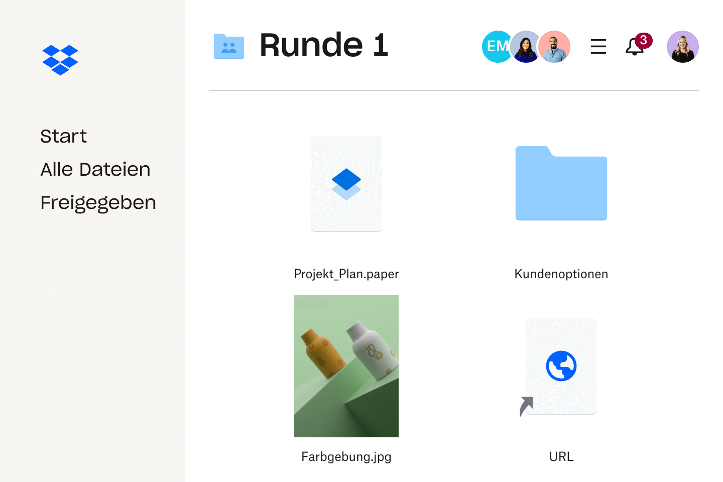 Abbildung von Dateiordnern und Dateien innerhalb der Dropbox-Benutzeroberfläche