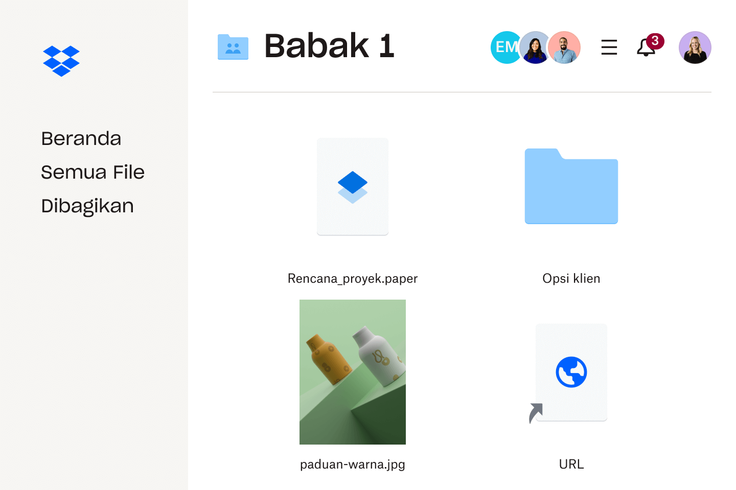 Gambar folder file dan file di antarmuka Dropbox