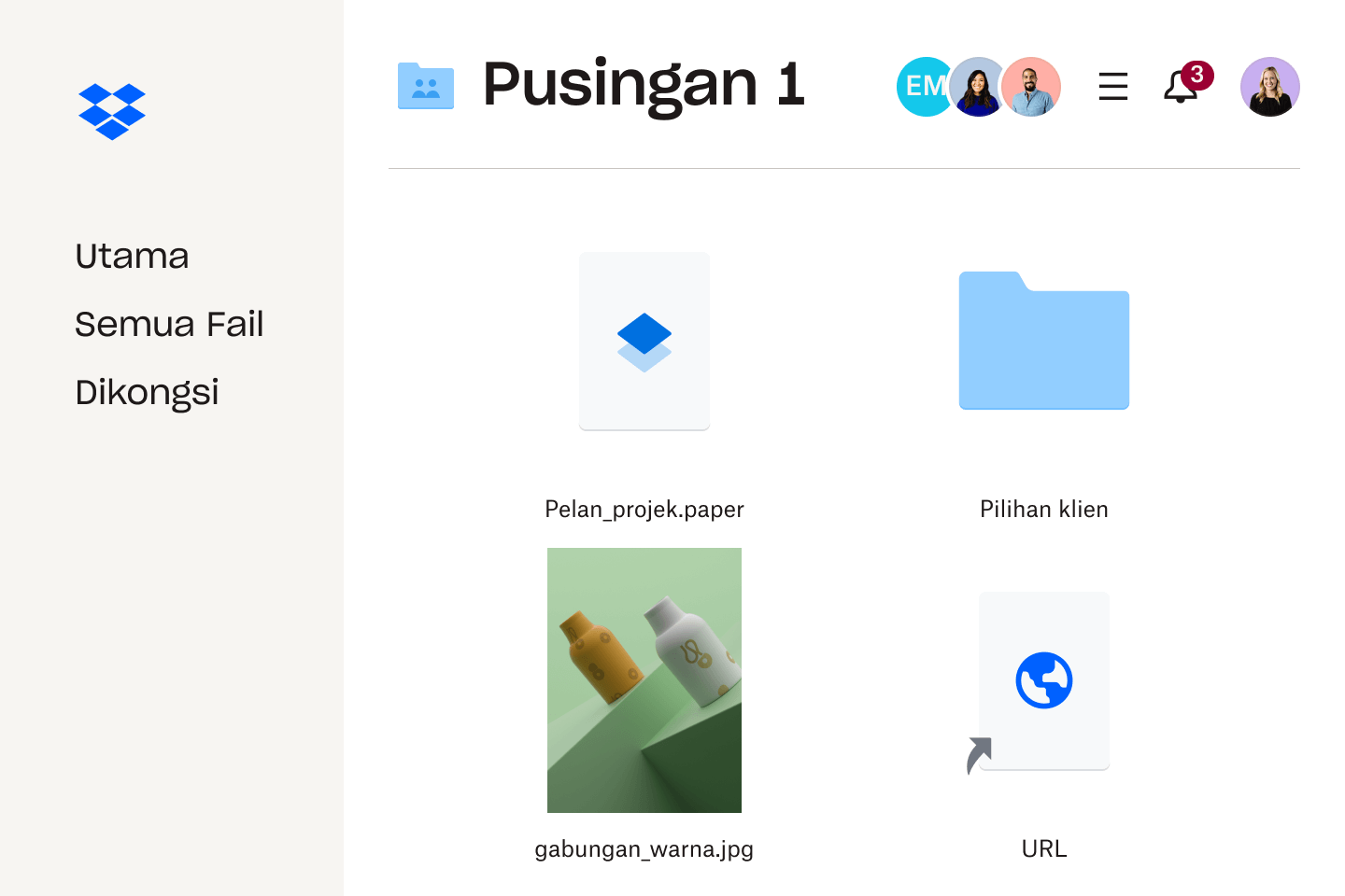 Imej folder fail dan fail dalam antara muka Dropbox