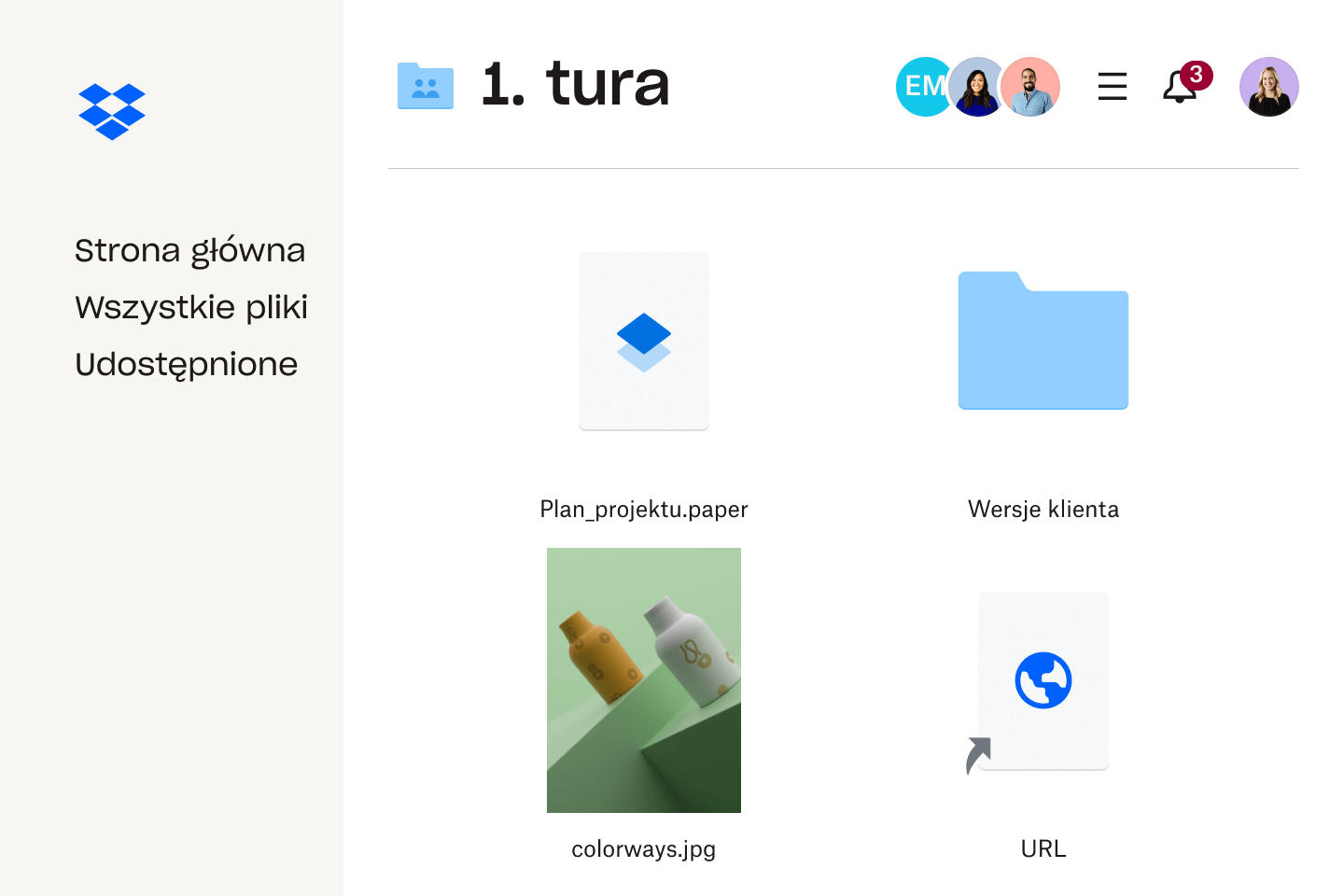 Obraz przedstawiający foldery z plikami i pliki w interfejsie Dropbox