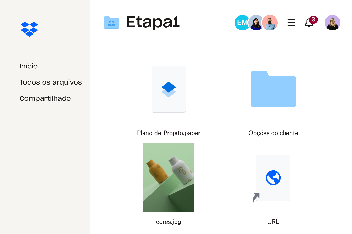 Imagem de pastas e arquivos dentro da interface do Dropbox