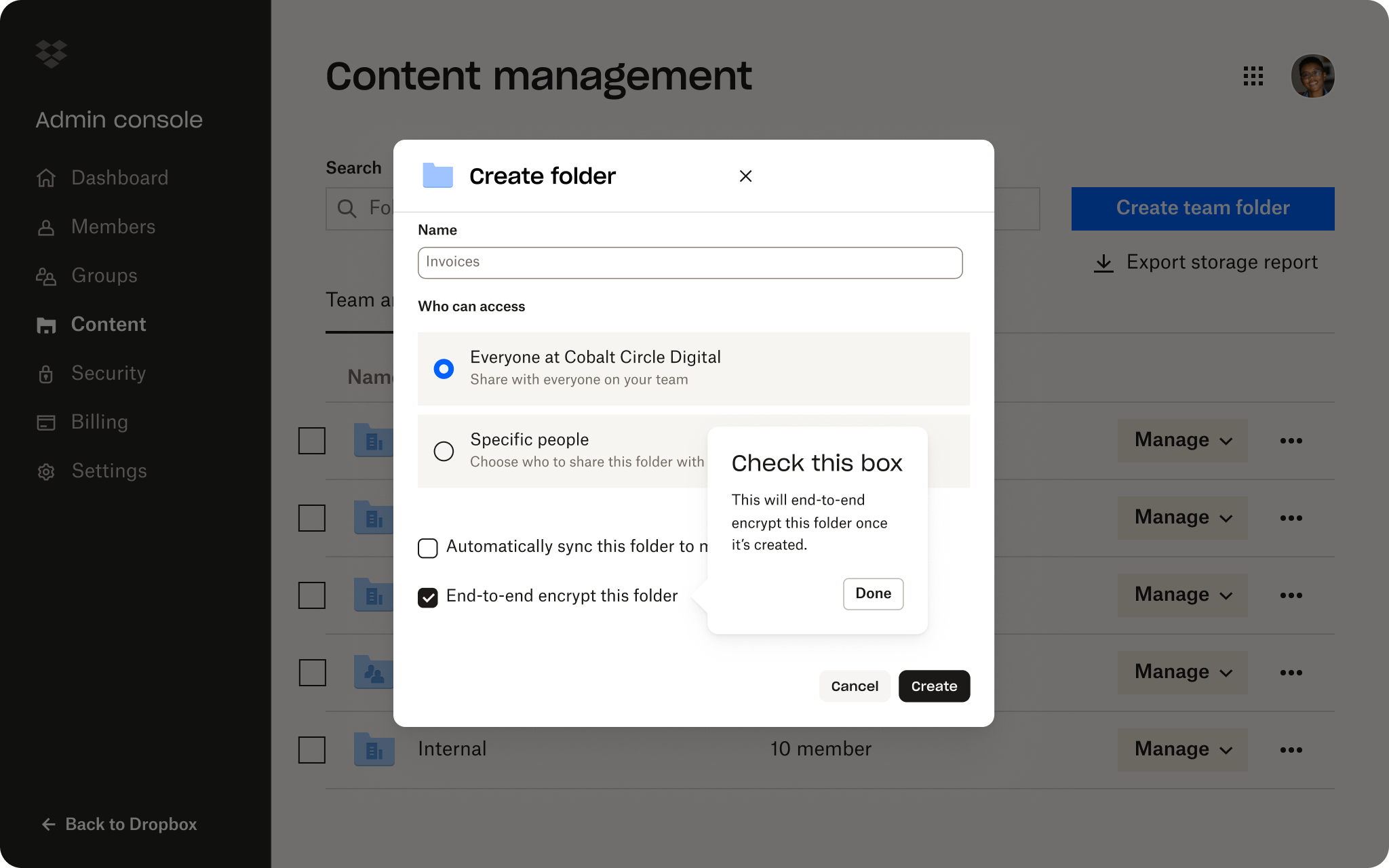 A person sets the permissions on their shared folder to ensure only the right people can access it in Dropbox.