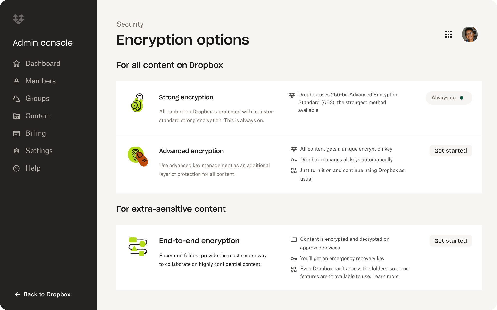 A screenshot of the admin console in Dropbox showing someone adjusting the encryption options.