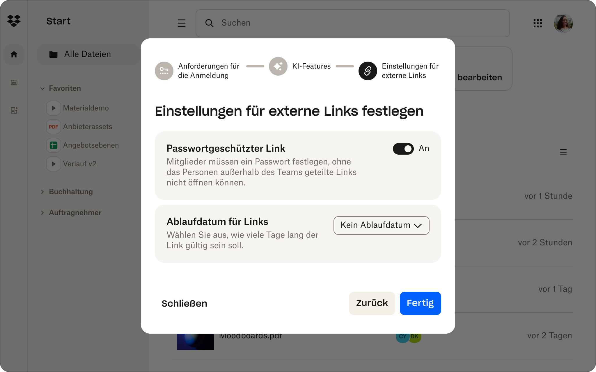 Benutzeroberfläche der Dropbox-Verwaltungskonsole zum Festlegen von Passwörtern für die Linkfreigabe