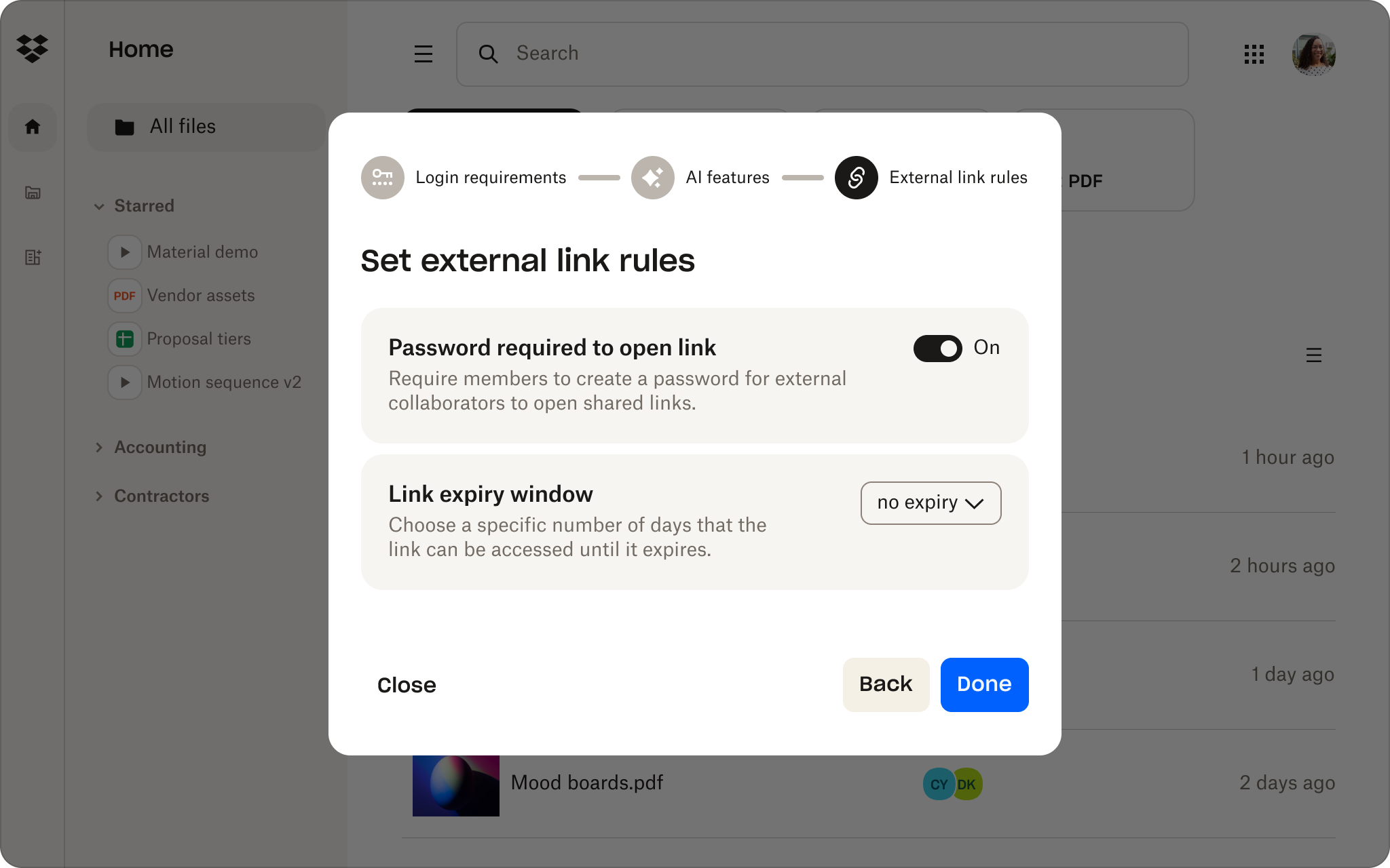 A user sets external link rules in the Dropbox admin console, such as requiring a password to open links.
