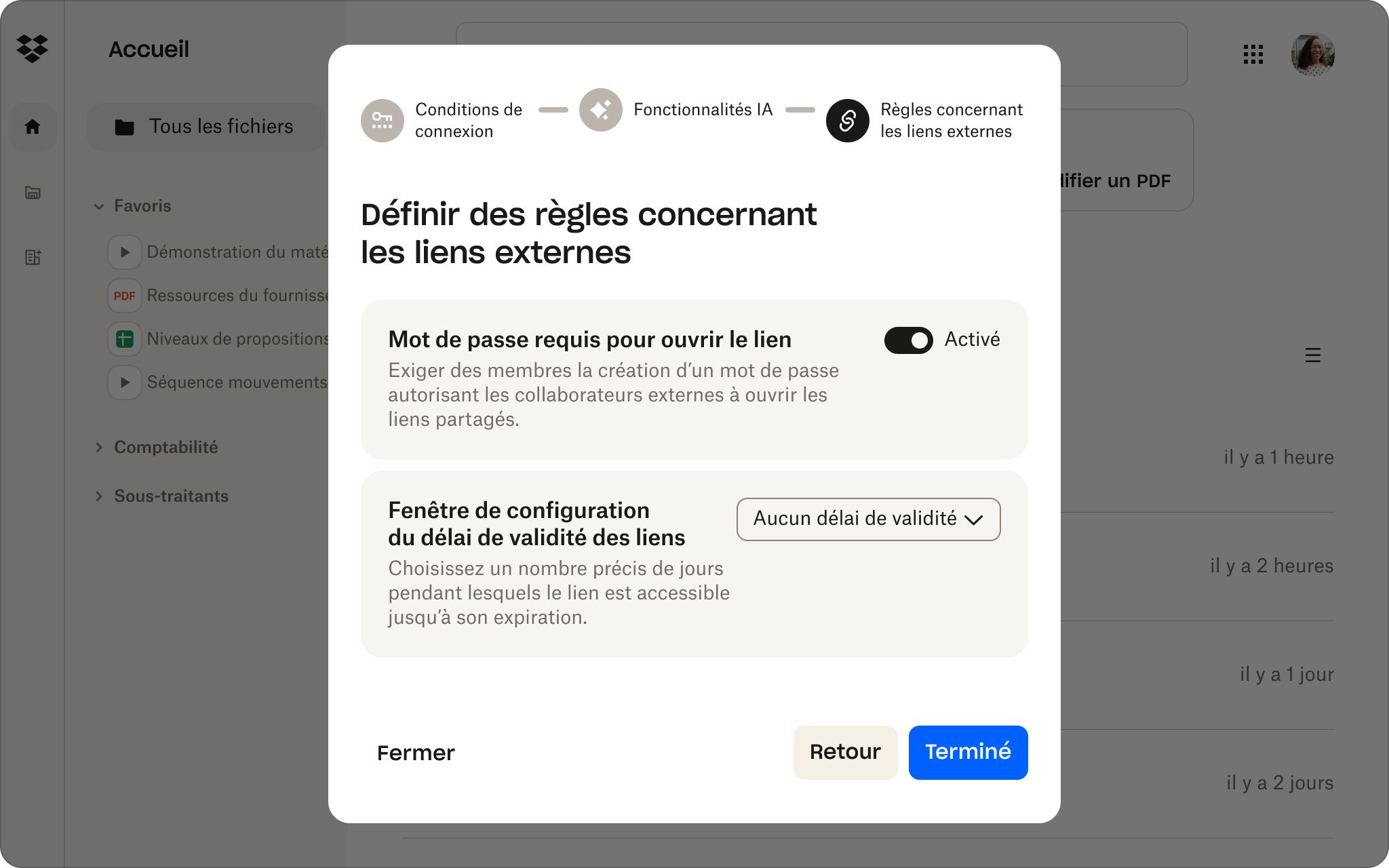 Interface utilisateur d’administration Dropbox pour définir des mots de passe pour le partage de liens