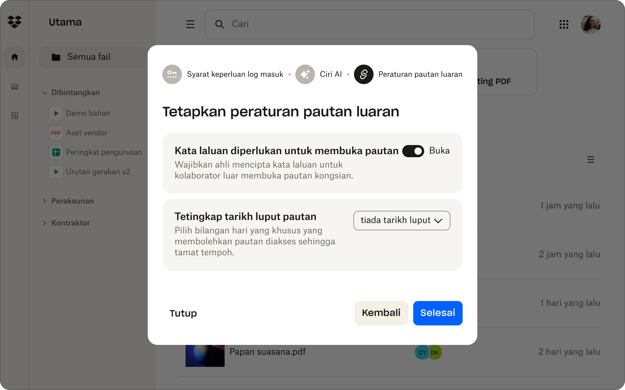 UI konsol pentadbir Dropbox untuk menetapkan kata laluan untuk perkongsian pautan