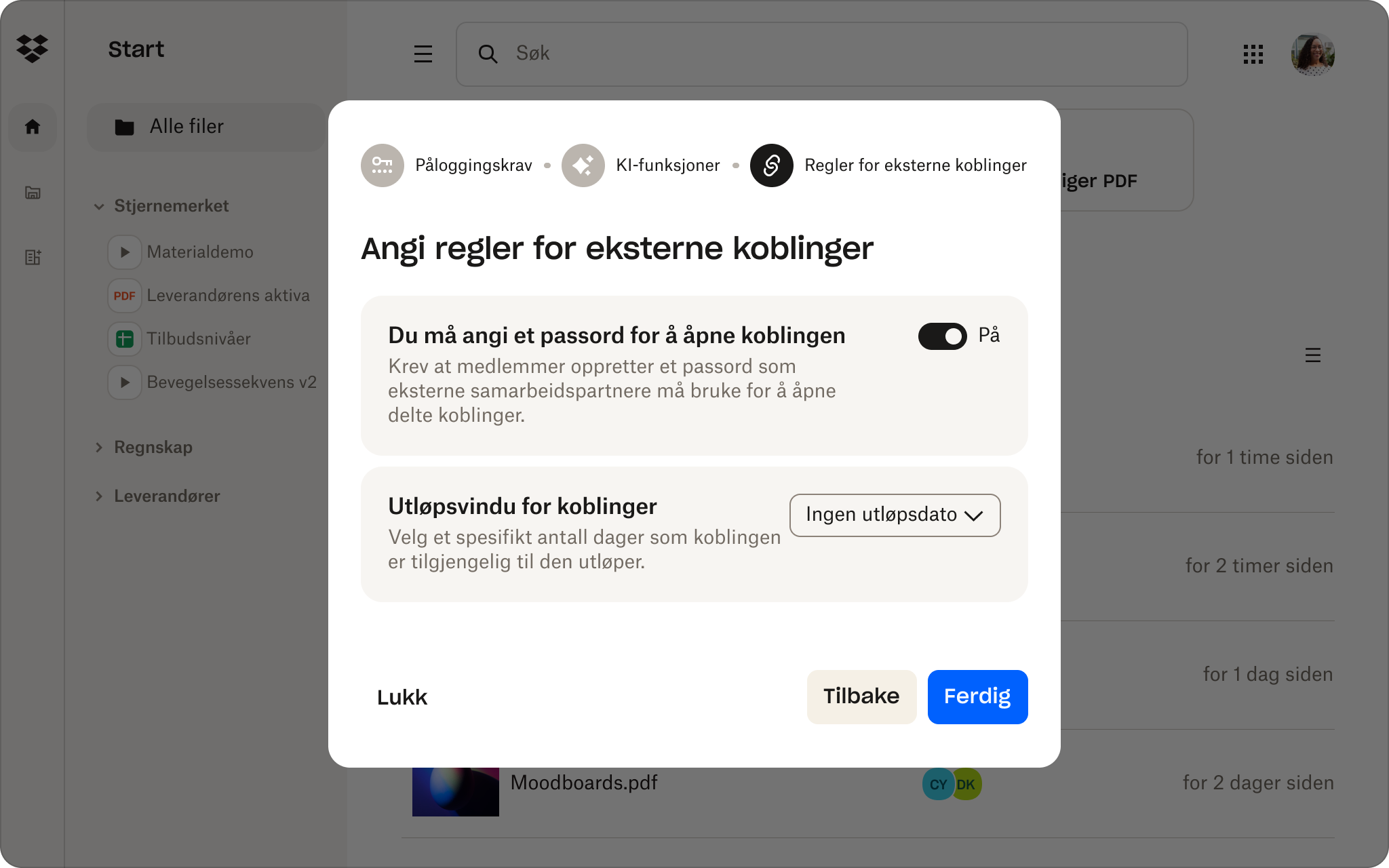 Dropbox-administrasjonskonsollgrensesnitt for å angi passord for lenkedeling