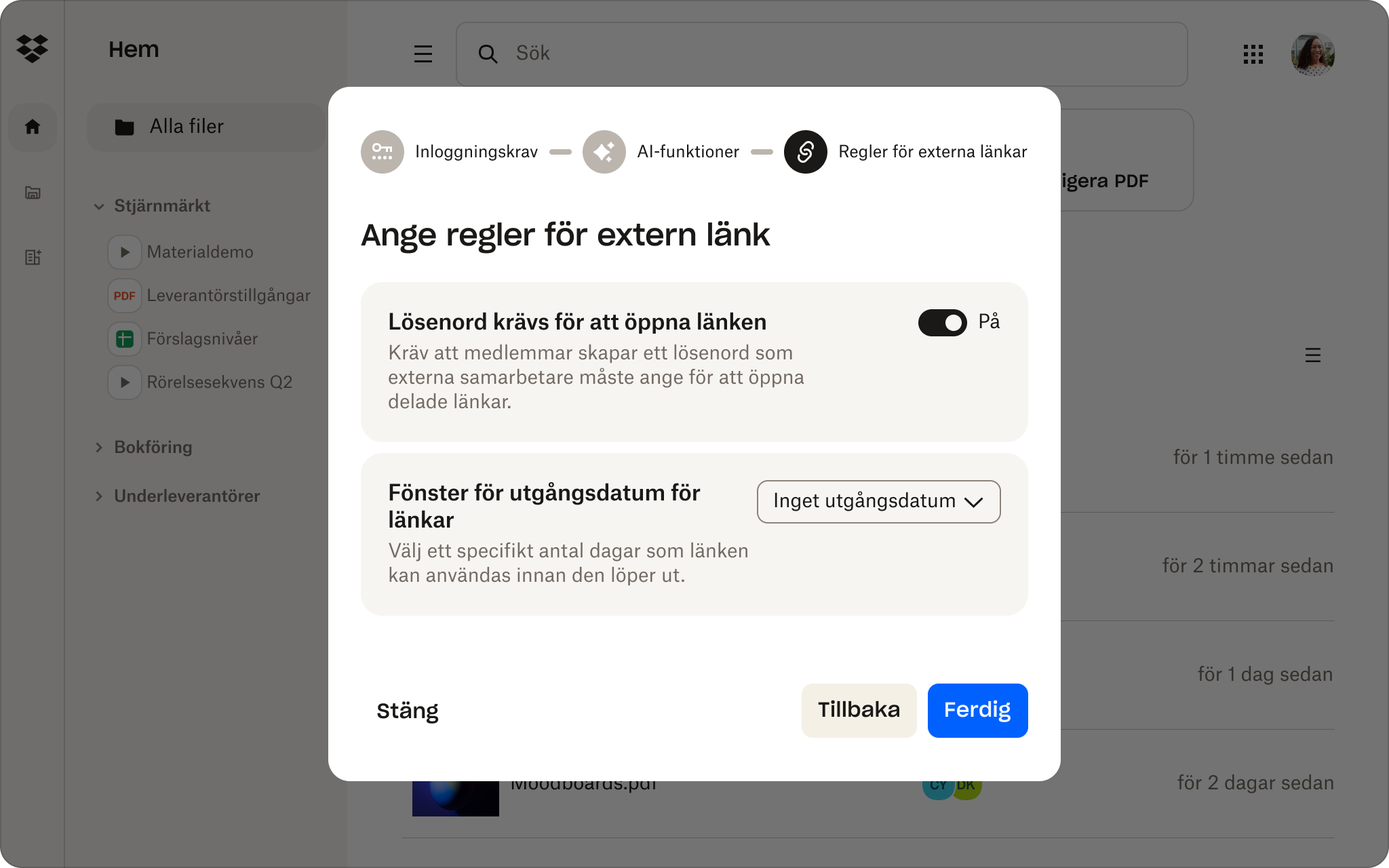 Dropbox administratörskonsolgränssnitt för att ställa in lösenord för länkdelning