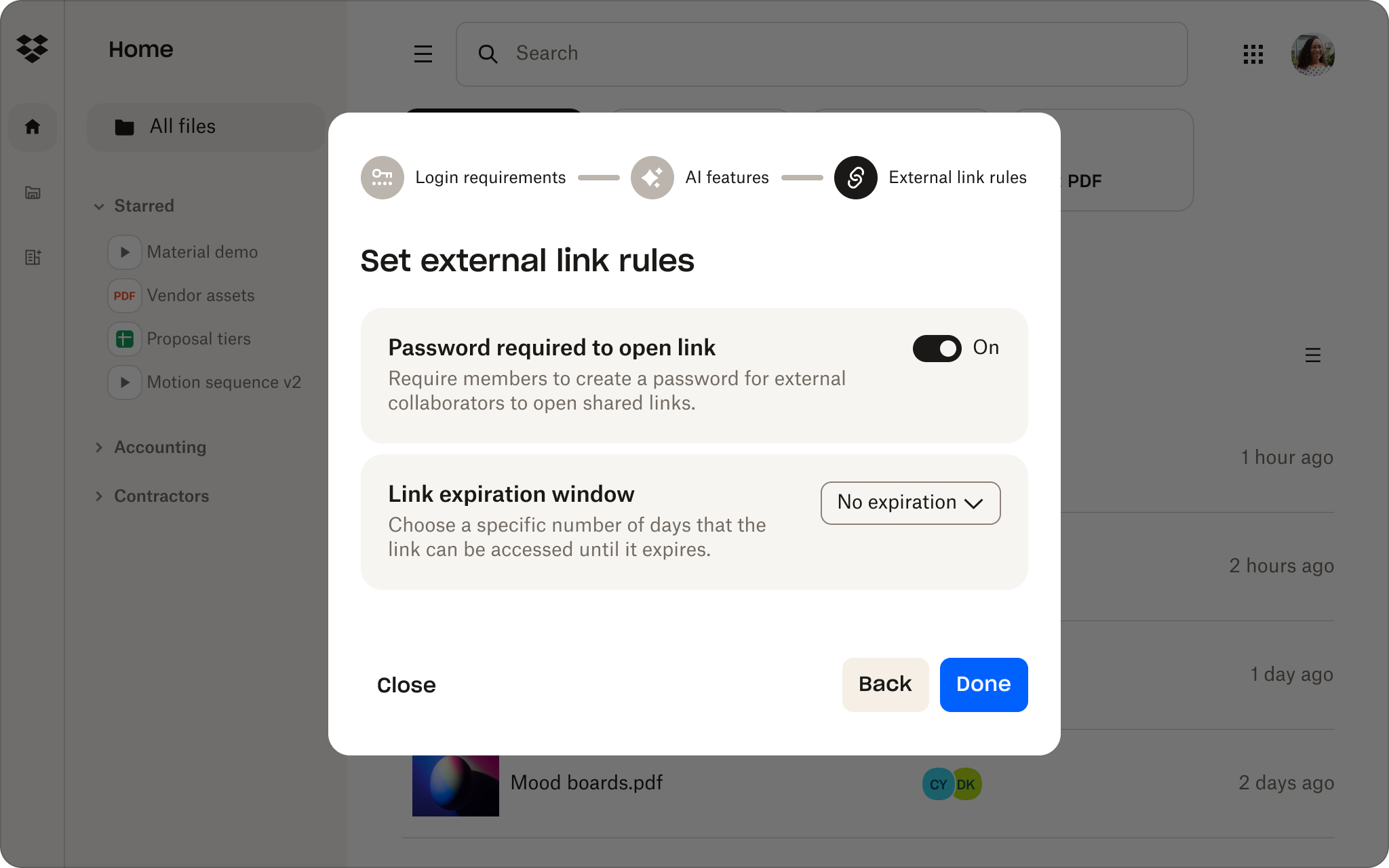 A screenshot of the Dropbox interface showing the password protection settings.