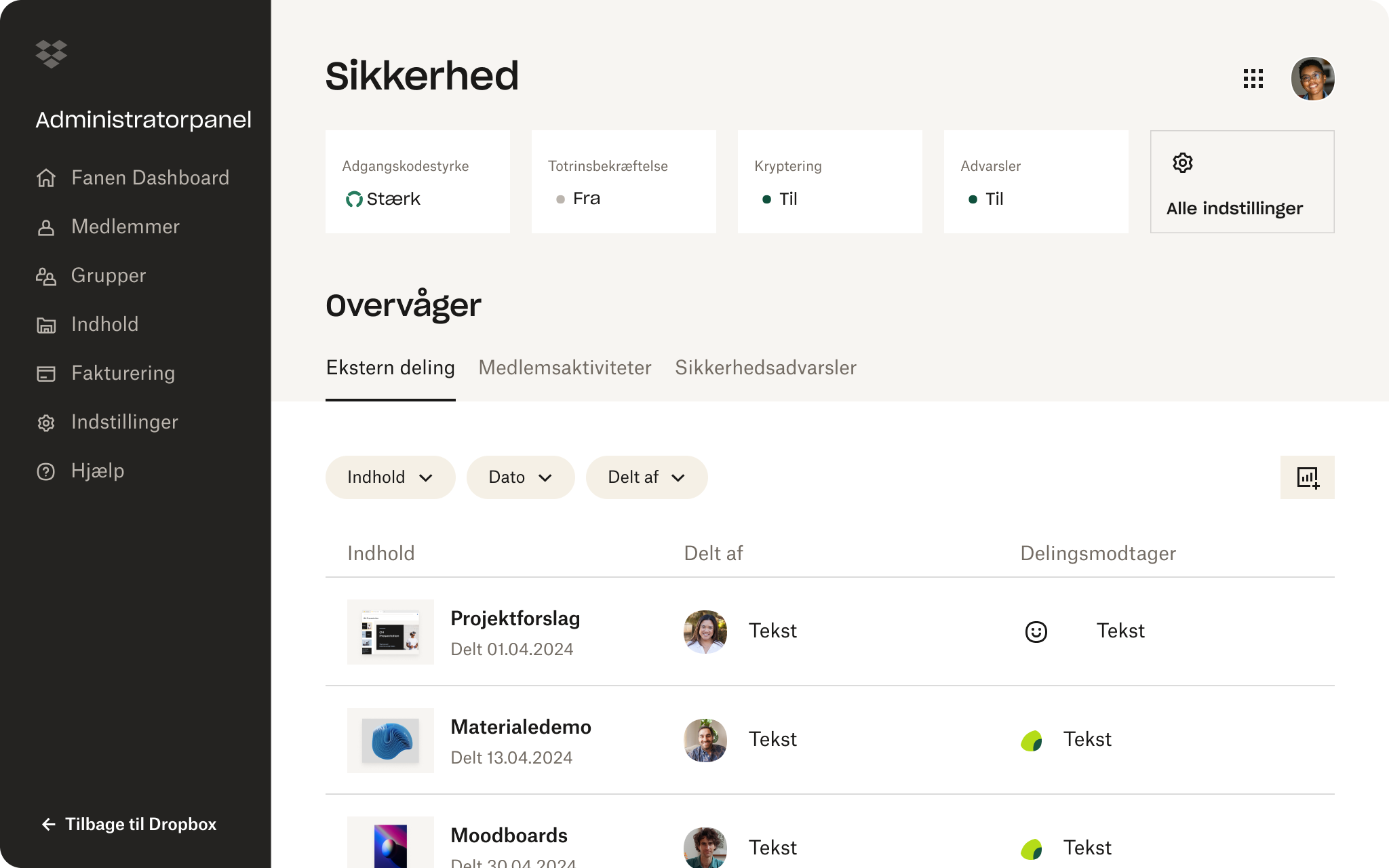 Et skærmbillede af Dropbox-grænsefladen, der viser en person, som gennemgår sikkerhedsindstillingerne på deres konto