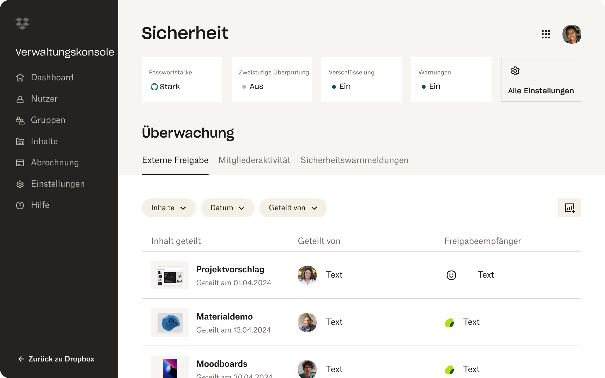 Screenshot der Dropbox-Benutzeroberfläche mit einer Person, die die Sicherheitseinstellungen in ihrem Konto überprüft