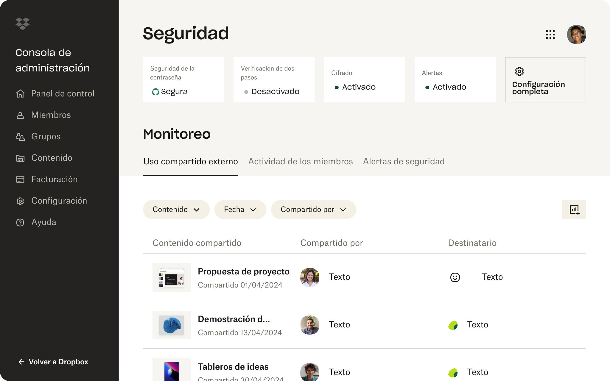 Captura de pantalla de la interfaz de Dropbox en la que se muestra a alguien revisando la configuración de seguridad de su cuenta