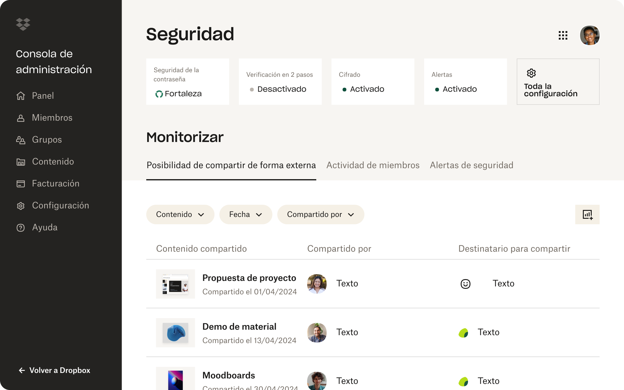 Captura de pantalla de la interfaz de Dropbox que muestra a alguien revisando la configuración de seguridad de su cuenta